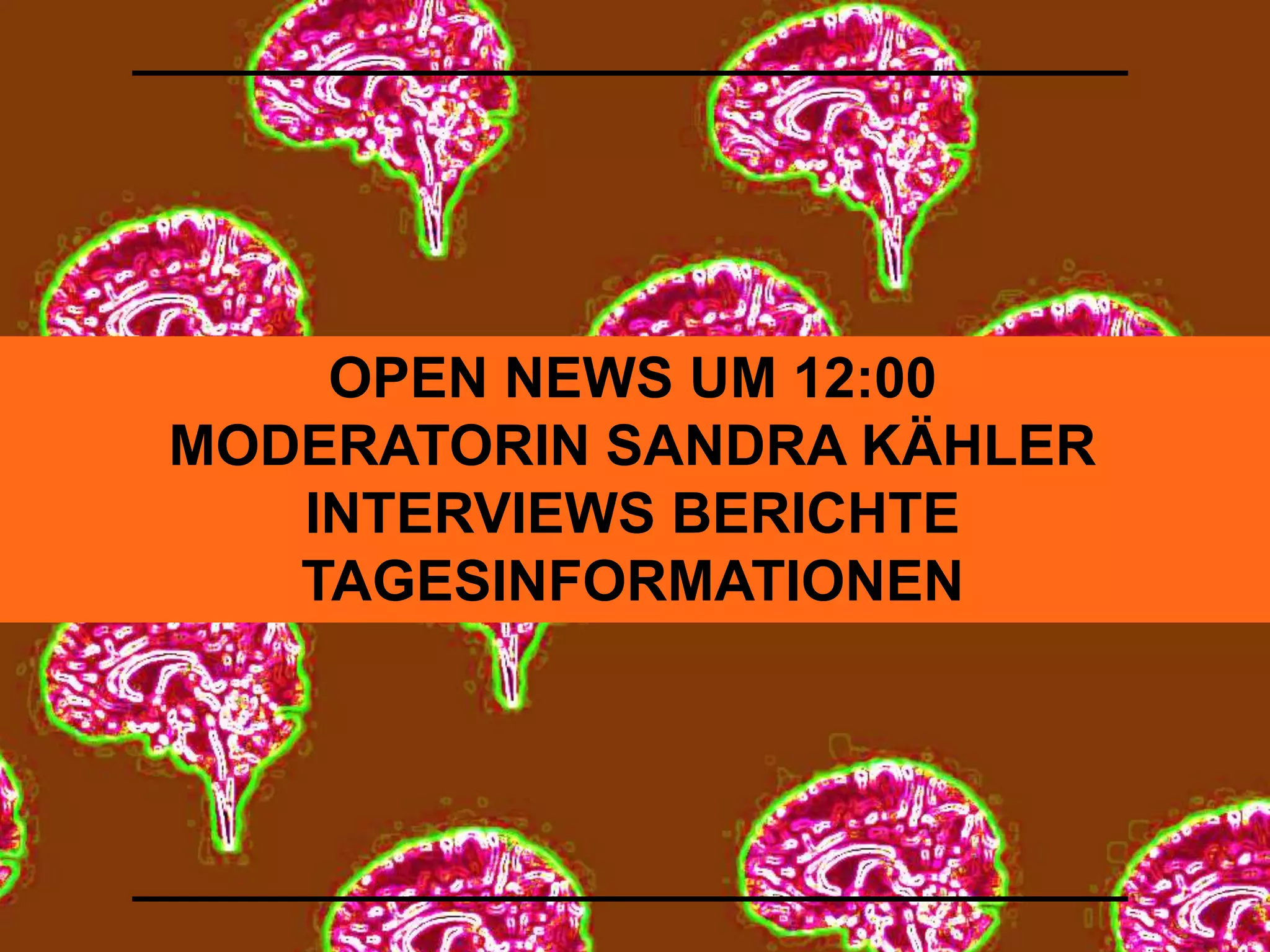 OPEN NEWS UM 12:00 
MODERATORIN SANDRA KÄHLER 
INTERVIEWS BERICHTE 
TAGESINFORMATIONEN 
 