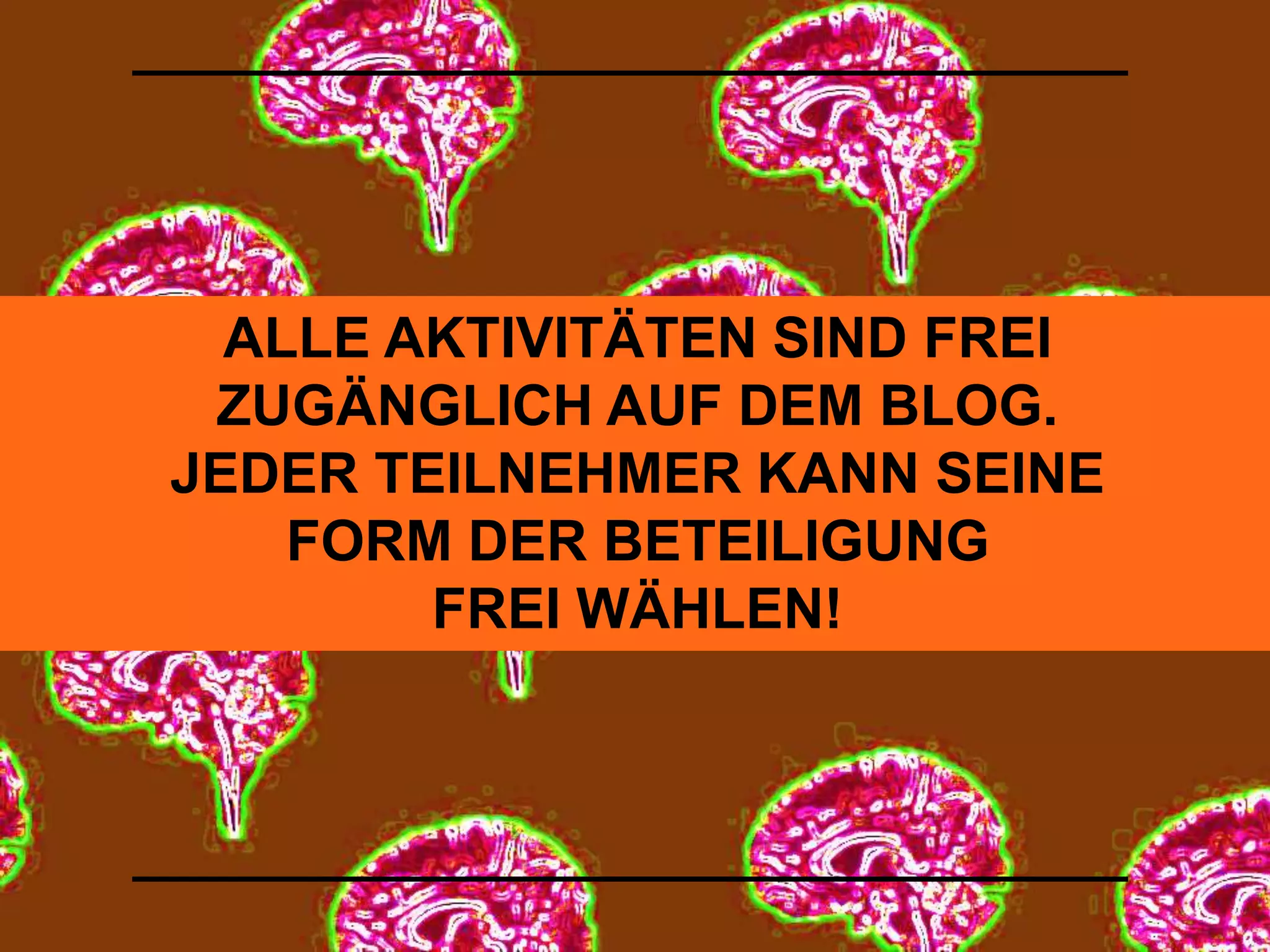 ALLE AKTIVITÄTEN SIND FREI 
ZUGÄNGLICH AUF DEM BLOG. 
JEDER TEILNEHMER KANN SEINE 
FORM DER BETEILIGUNG 
FREI WÄHLEN! 
 