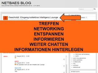 TREFFEN 
NETWORKING 
ENTSPANNEN 
INFORMIEREN 
WEITER CHATTEN 
INFORMATIONEN HINTERLEGEN 
 