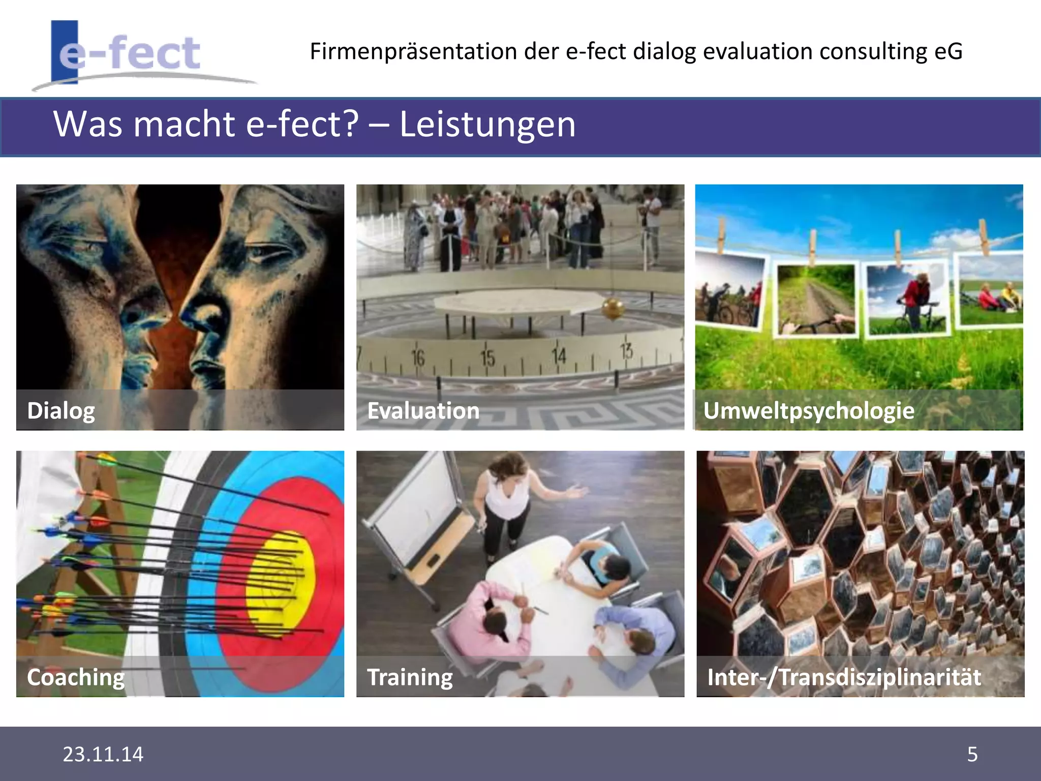 Firmenpräsentation der e-fect dialog evaluation consulting eG 
Was macht e-fect? – Leistungen 
Dialog Evaluation Umweltpsychologie 
Coaching Training Inter-/Transdisziplinarität 
23.11.14 5 
 