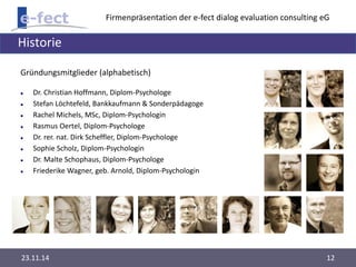 Firmenpräsentation der e-fect dialog evaluation consulting eG 
Historie 
Gründungsmitglieder (alphabetisch) 
 Dr. Christian Hoffmann, Diplom-Psychologe 
 Stefan Löchtefeld, Bankkaufmann & Sonderpädagoge 
 Rachel Michels, MSc, Diplom-Psychologin 
 Rasmus Oertel, Diplom-Psychologe 
 Dr. rer. nat. Dirk Scheffler, Diplom-Psychologe 
 Sophie Scholz, Diplom-Psychologin 
 Dr. Malte Schophaus, Diplom-Psychologe 
 Friederike Wagner, geb. Arnold, Diplom-Psychologin 
23.11.14 12 
 