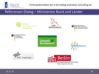 Firmenpräsentation der e-fect dialog evaluation consulting eG 
Referenzen Dialog – Ministerien Bund und Länder 
23.11.14 18 
 