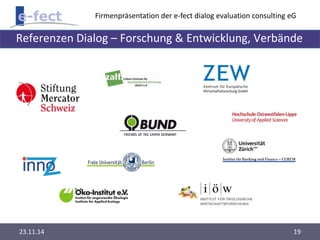 Firmenpräsentation der e-fect dialog evaluation consulting eG 
Referenzen Dialog – Forschung & Entwicklung, Verbände 
23.11.14 19 
 
