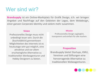 Wer sind wir? 
Brandsupply ist ein Online-Marktplatz für Grafik Design, d.h. wir bringen 
Angebot und Nachfrage auf den Gebieten der Logos, dem Webdesign, 
einer ganzen Corporate Identity und vielem mehr zusammen. 
Mission 
Professionelles Design zugänglich, 
transparent und einfach für alle machen. 
Vision 
Professionelles Design muss nicht 
unbedingt teuer sein. Durch die 
(buchstäblich) grenzenlosen 
Möglichkeiten des Internets ist es 
heutzutage sehr gut möglich, eine 
attraktive und vor allem 
erschwingliche Alternative zu 
traditionellen Werbeagenturen und 
Hobby-Designern zu bieten. 
Proposition 
Brandsupply bietet Startups, KMU, 
Vereinen und Stiftungen eine 
hervorragende Alternative zu 
traditionellen Webeagenturen. 
 