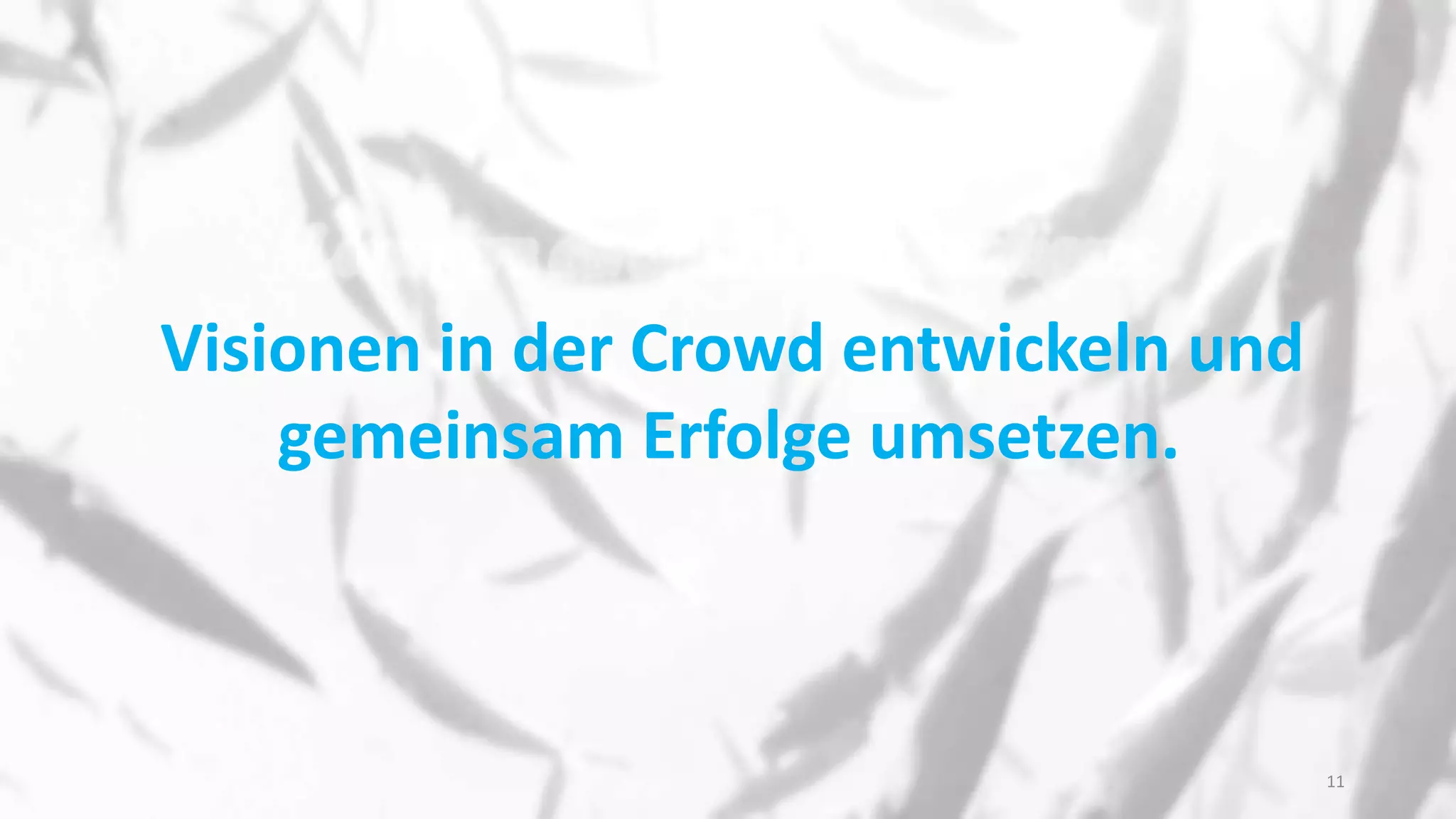 Visionen in der Crowd entwickeln und
gemeinsam Erfolge umsetzen.
11
 