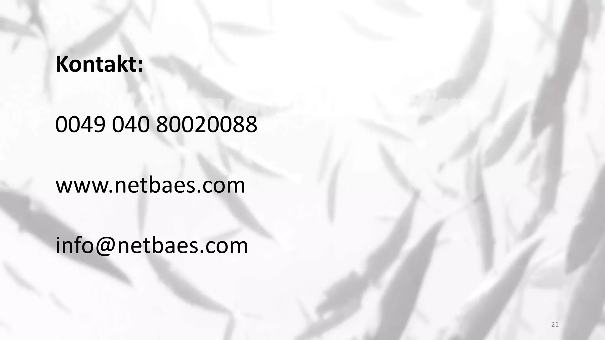 Kontakt:
0049 040 80020088
www.netbaes.com
info@netbaes.com
21
 