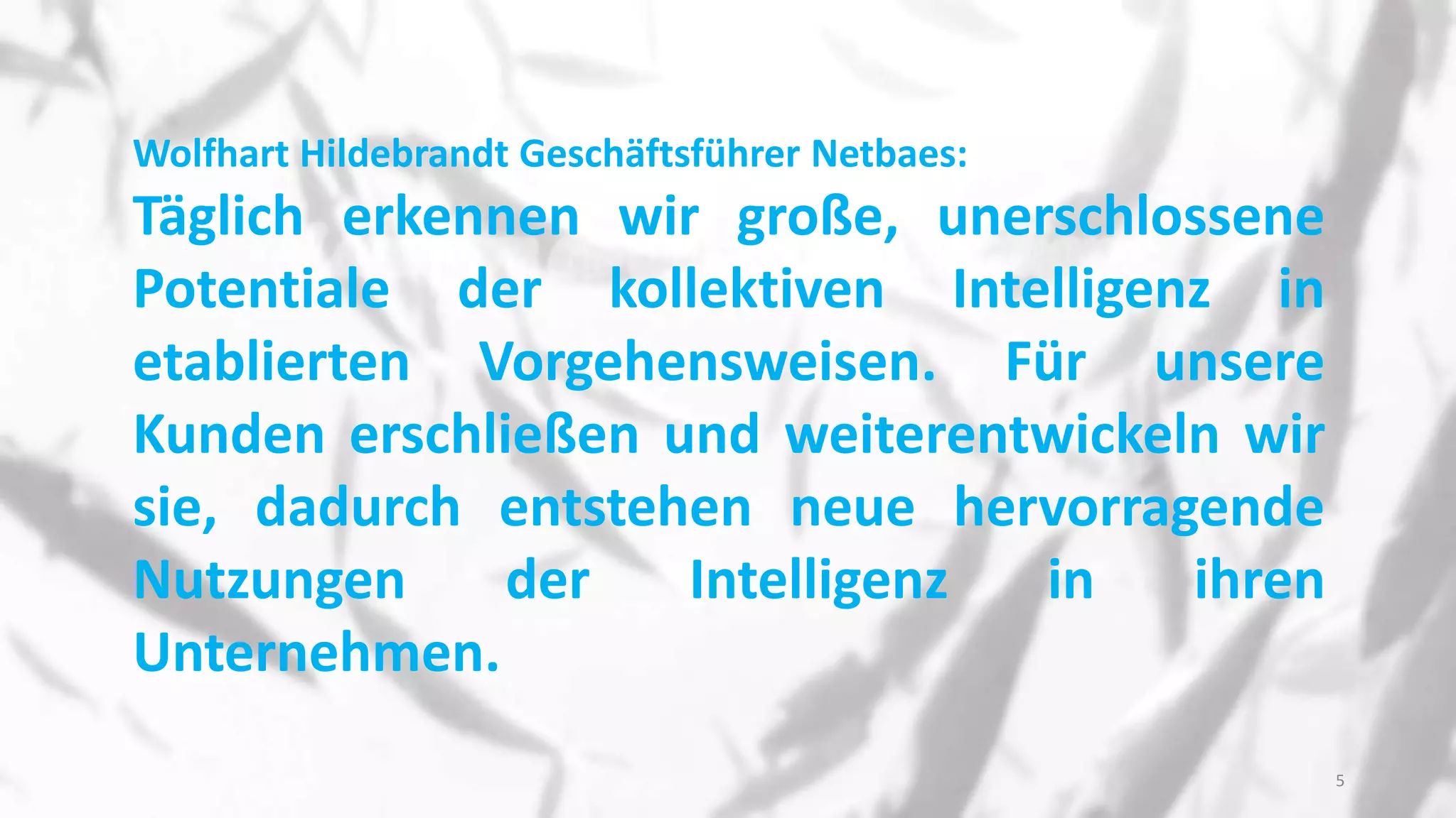 Wolfhart Hildebrandt Geschäftsführer Netbaes:
Täglich erkennen wir große, unerschlossene
Potentiale der kollektiven Intelligenz in
etablierten Vorgehensweisen. Für unsere
Kunden erschließen und weiterentwickeln wir
sie, dadurch entstehen neue hervorragende
Nutzungen der Intelligenz in ihren
Unternehmen.
5
 