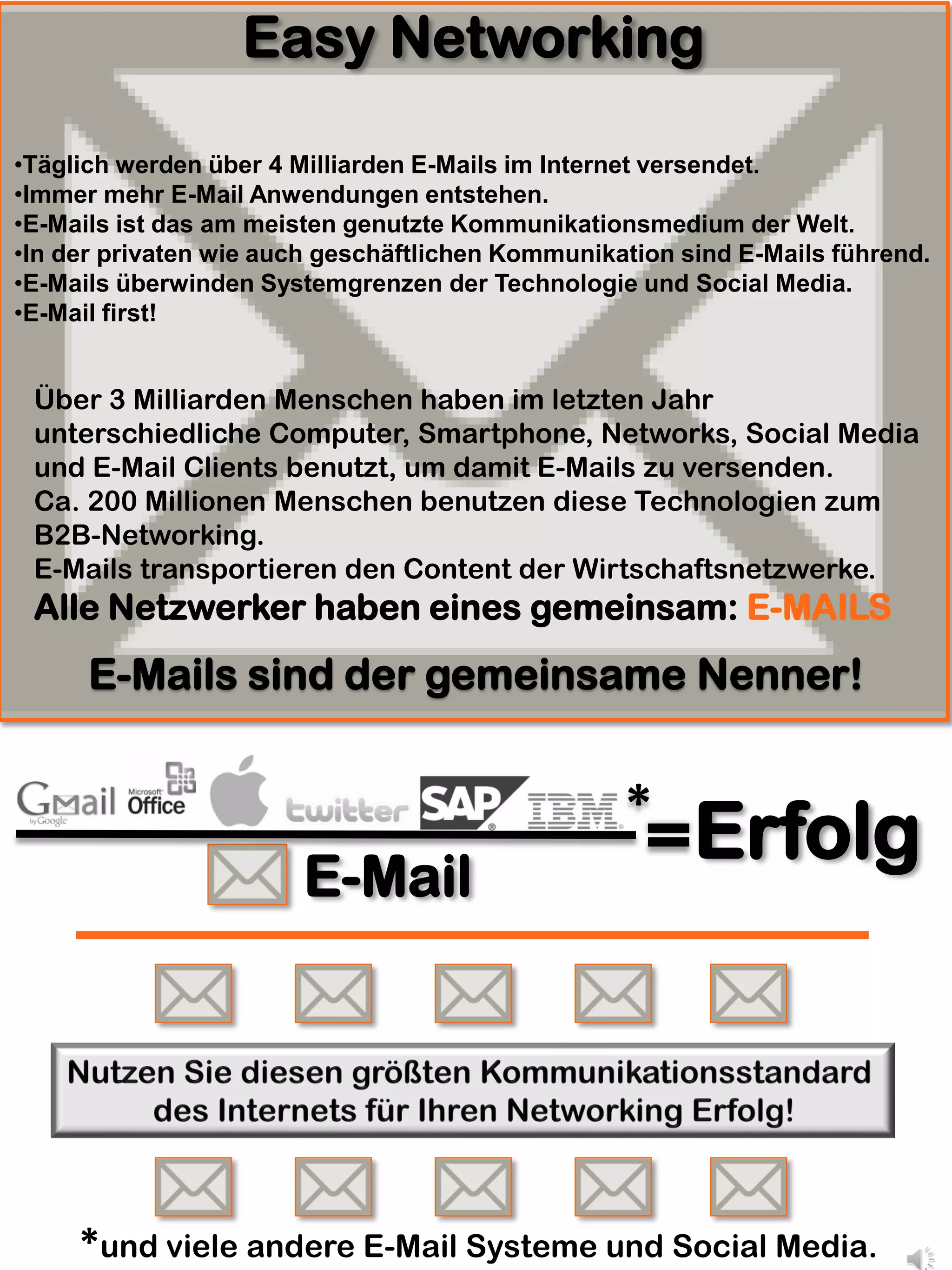 Easy Networking

•Täglich werden über 4 Milliarden E-Mails im Internet versendet.
•Immer mehr E-Mail Anwendungen entstehen.
•E-Mails ist das am meisten genutzte Kommunikationsmedium der Welt.
•In der privaten wie auch geschäftlichen Kommunikation sind E-Mails führend.
•E-Mails überwinden Systemgrenzen der Technologie und Social Media.
•E-Mail first!


 Über 3 Milliarden Menschen haben im letzten Jahr
 unterschiedliche Computer, Smartphone, Networks, Social Media
 und E-Mail Clients benutzt, um damit E-Mails zu versenden.
 Ca. 200 Millionen Menschen benutzen diese Technologien zum
 B2B-Networking.
 E-Mails transportieren den Content der Wirtschaftsnetzwerke.
 Alle Netzwerker haben eines gemeinsam: E-MAILS
      E-Mails sind der gemeinsame Nenner!


                                                  *
                        E-Mail
                                                        Erfolg




     *und viele andere E-Mail Systeme und Social Media.
 