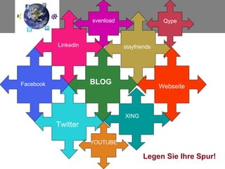svenload                  Qype



           Linkedin              stayfriends




                      XING-
                      BLOG
Facebook                                       Webseite
                      PROFIL




                                 XING
           Twitter

                      YOUTUBE

                                        Legen Sie Ihre Spur!
 
