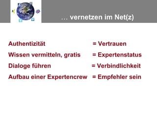 … vernetzen im Net(z)


Authentizität               = Vertrauen
Wissen vermitteln, gratis   = Expertenstatus
Dialoge führen              = Verbindlichkeit
Aufbau einer Expertencrew = Empfehler sein
 