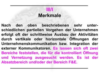 III/I
                    Merkmale
Nach den oben beschriebenen sehr unter-
schiedlichen partiellen Vorgehen der Unternehmen
erfolgt oft der schrittweise Ausbau der Aktivitäten
durch vertikale oder horizontale Öffnungen der
Unternehmenskommunikation bzw. Integration der
externer Kommunikatoren. Es lassen sich oft zwei
Bereiche feststellen, die für die kontrolliert Öffnung
und Vernetzung ausgesucht werden. Es ist der
Absatzbereich und/oder der Bereich F&E.
 