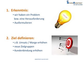 1. Erkenntnis:
    • wir haben ein Problem
     bzw. eine Herausforderung
    • Ausformulieren




2. Ziel definieren:
    • z.B. Umsatz / Marge erhöhen
    • neue Zielgruppen
    • Kundenbindung erhöhen

                      www.brain-sourcer.com
 