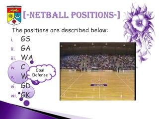 The positions are described below:
i.     GS
ii.    GA
iii.   WA
iv.    C  Goal
v.     WDDefense
vi.    GD
vii.   GK
 