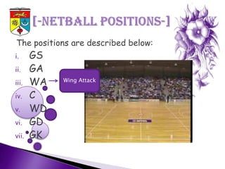 The positions are described below:
i.     GS
ii.    GA
iii.   WA   Wing Attack

iv.    C
v.     WD
vi.    GD
vii.   GK
 