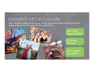 Example 2: MiO at Coachella
MiO is all about making things unique. What is more unique than thousands of custom
pieces of art work for unsuspecting #Coachella fans?
	
  
	
  
	
  
	
  
	
  
	
  
	
  
	
  
Over 1400
Images Created
450K Organic
Impressions
2,934 New
Followers
 