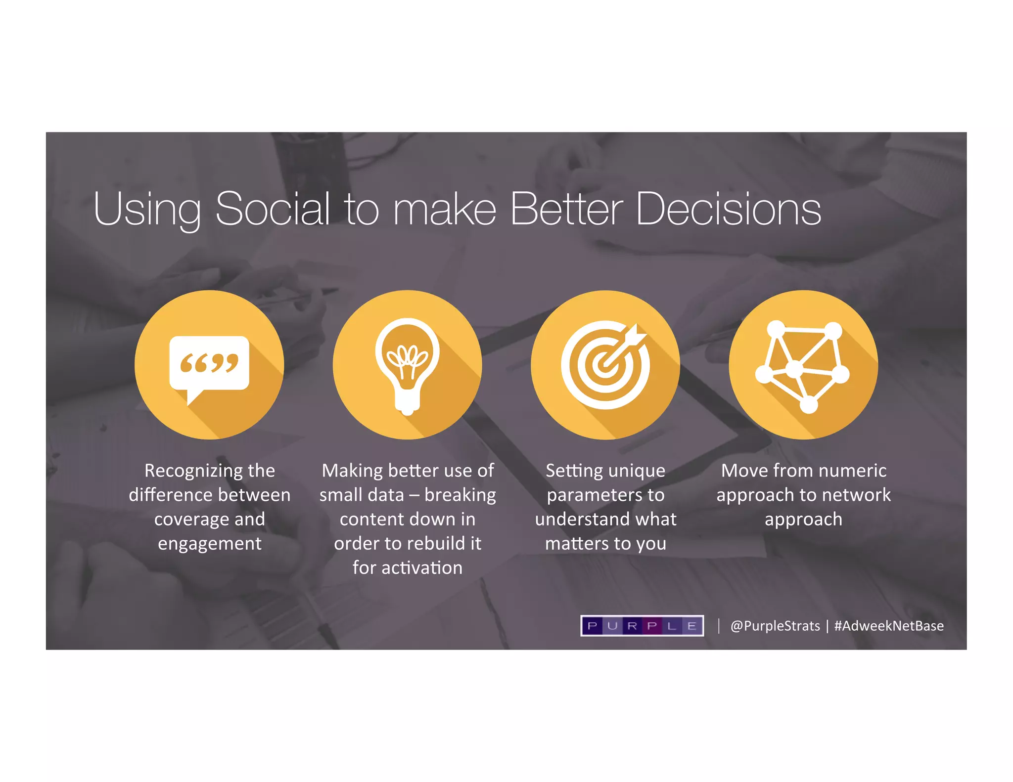 Using Social to make Better Decisions 
Recognizing	
  the	
  
diﬀerence	
  between	
  
coverage	
  and	
  
engagement	
  
Making	
  beder	
  use	
  of	
  
small	
  data	
  –	
  breaking	
  
content	
  down	
  in	
  
order	
  to	
  rebuild	
  it	
  	
  
for	
  ac;va;on	
  
Move	
  from	
  numeric	
  
approach	
  to	
  network	
  
approach	
  	
  
Seeng	
  unique	
  
parameters	
  to	
  
understand	
  what	
  
maders	
  to	
  you	
  
@PurpleStrats	
  |	
  #AdweekNetBase	
  
 