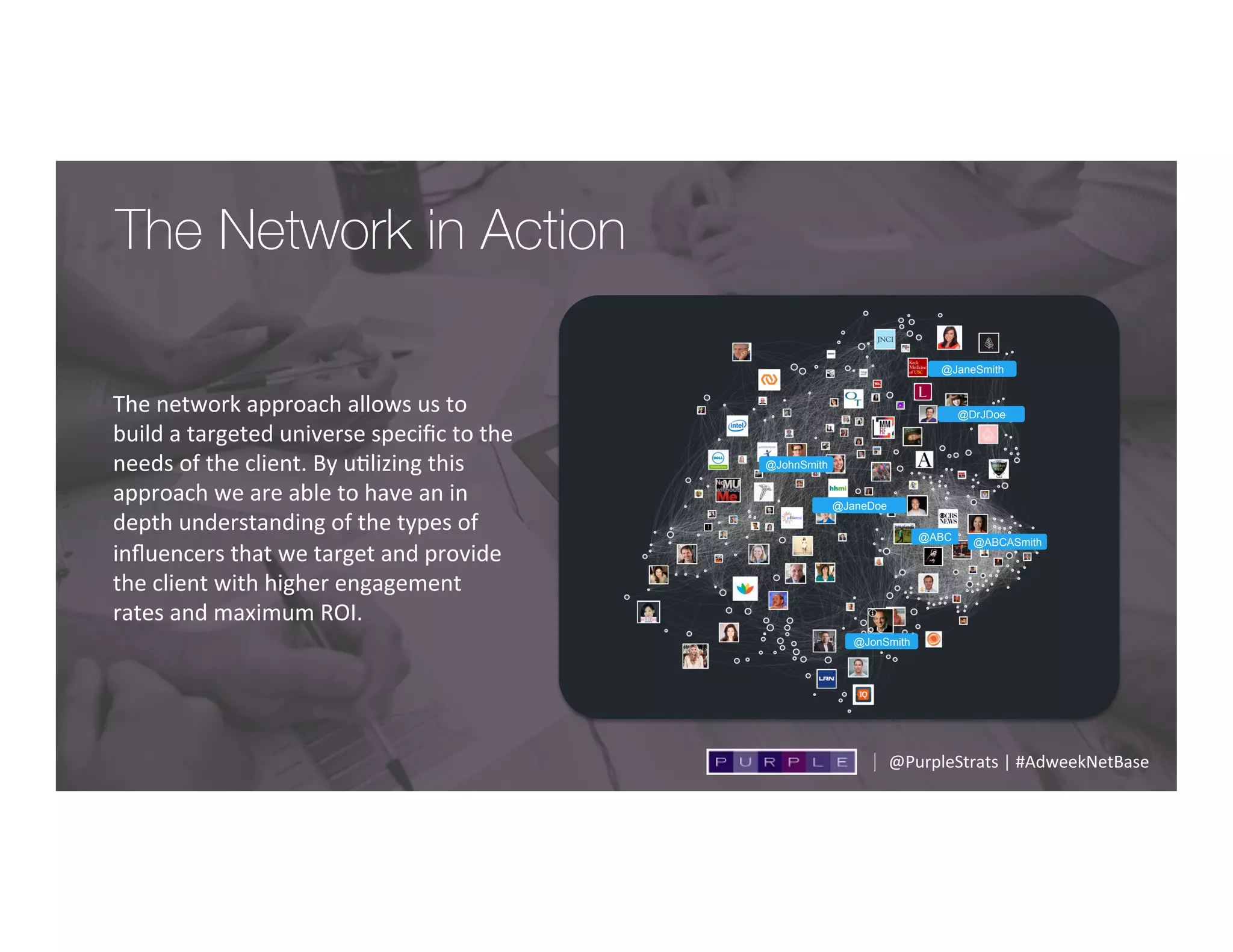 The Network in Action
@JonSmith
@JaneDoe
@ABC @ABCASmith
@JaneSmith
@JohnSmith
@DrJDoe
The	
  network	
  approach	
  allows	
  us	
  to	
  
build	
  a	
  targeted	
  universe	
  speciﬁc	
  to	
  the	
  
needs	
  of	
  the	
  client.	
  By	
  u;lizing	
  this	
  
approach	
  we	
  are	
  able	
  to	
  have	
  an	
  in	
  
depth	
  understanding	
  of	
  the	
  types	
  of	
  
inﬂuencers	
  that	
  we	
  target	
  and	
  provide	
  
the	
  client	
  with	
  higher	
  engagement	
  
rates	
  and	
  maximum	
  ROI.	
  	
  
@PurpleStrats	
  |	
  #AdweekNetBase	
  
 