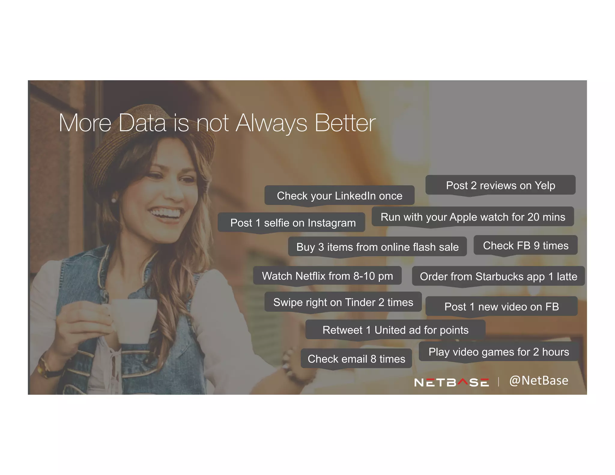 @NetBase	
  
Buy 3 items from online flash sale
Order from Starbucks app 1 latte
Retweet 1 United ad for points
Watch Netflix from 8-10 pm
Check FB 9 times
Run with your Apple watch for 20 mins
Swipe right on Tinder 2 times
Play video games for 2 hours
Post 1 new video on FB
Check email 8 times
Post 2 reviews on Yelp
Check your LinkedIn once
More Data is not Always Better
Post 1 selfie on Instagram
 