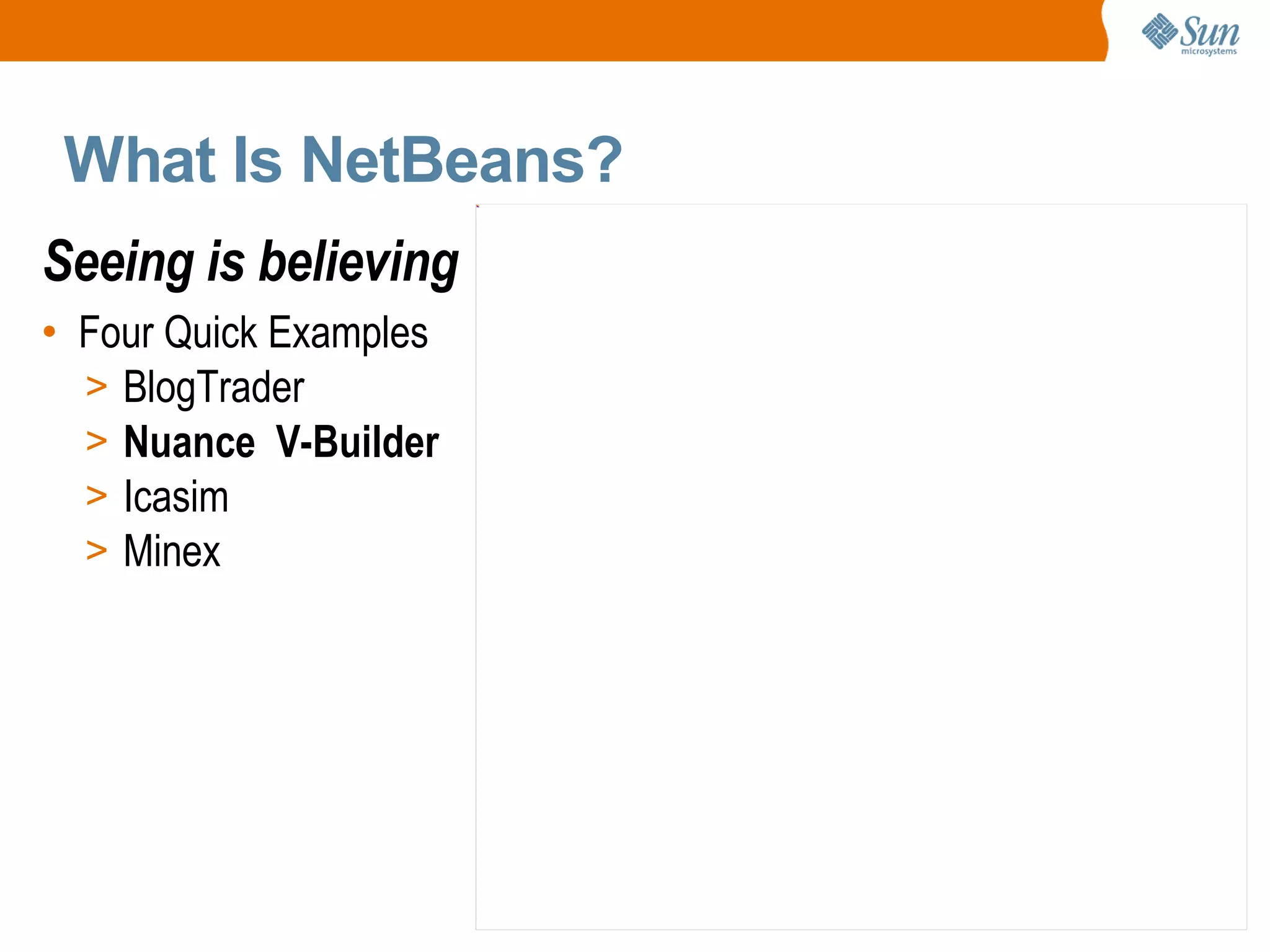What Is NetBeans? Seeing is believing Four Quick Examples BlogTrader Nuance  V-Builder   Icasim  Minex  