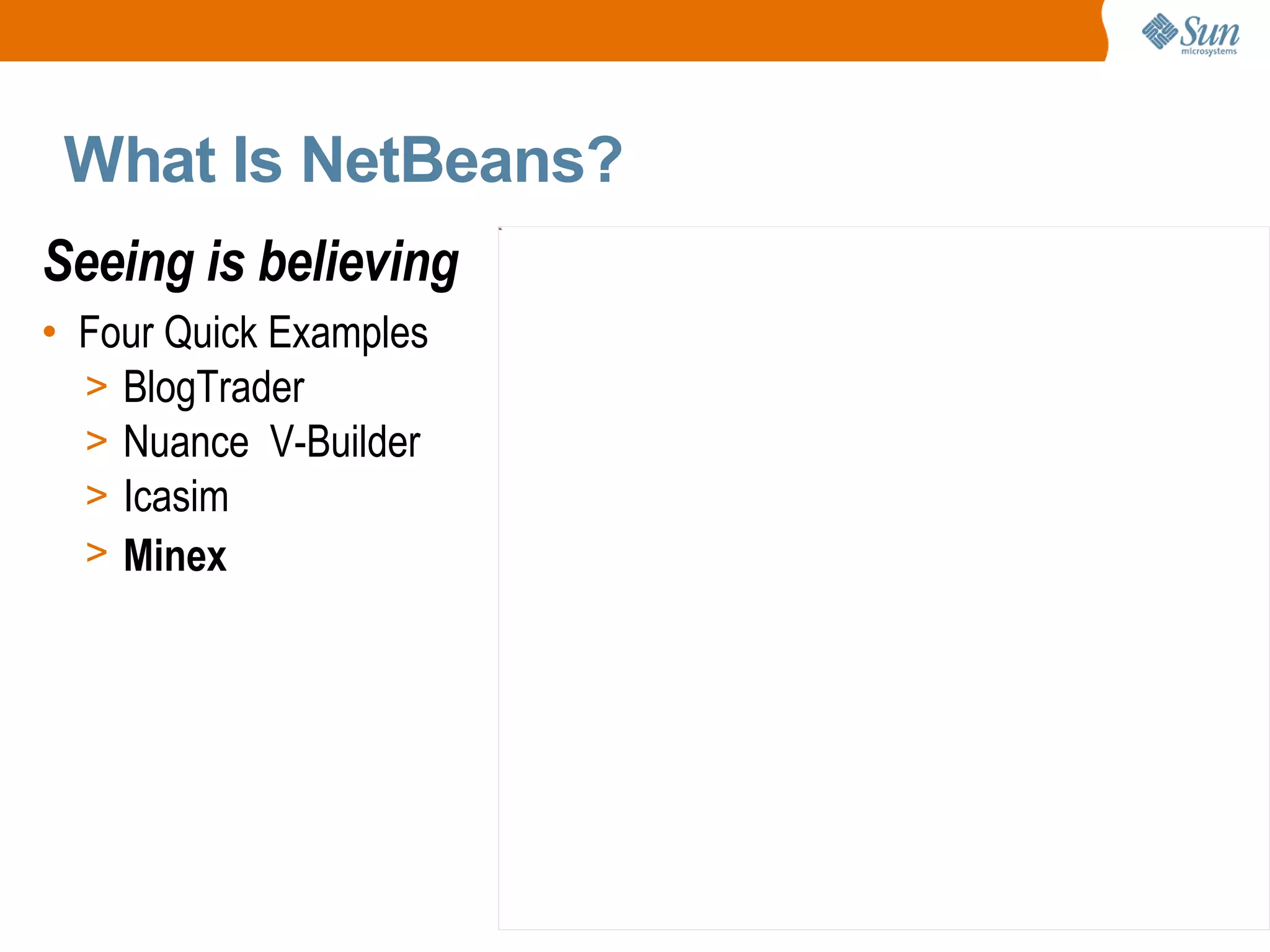 What Is NetBeans? Seeing is believing Four Quick Examples BlogTrader Nuance  V-Builder  Icasim  Minex  