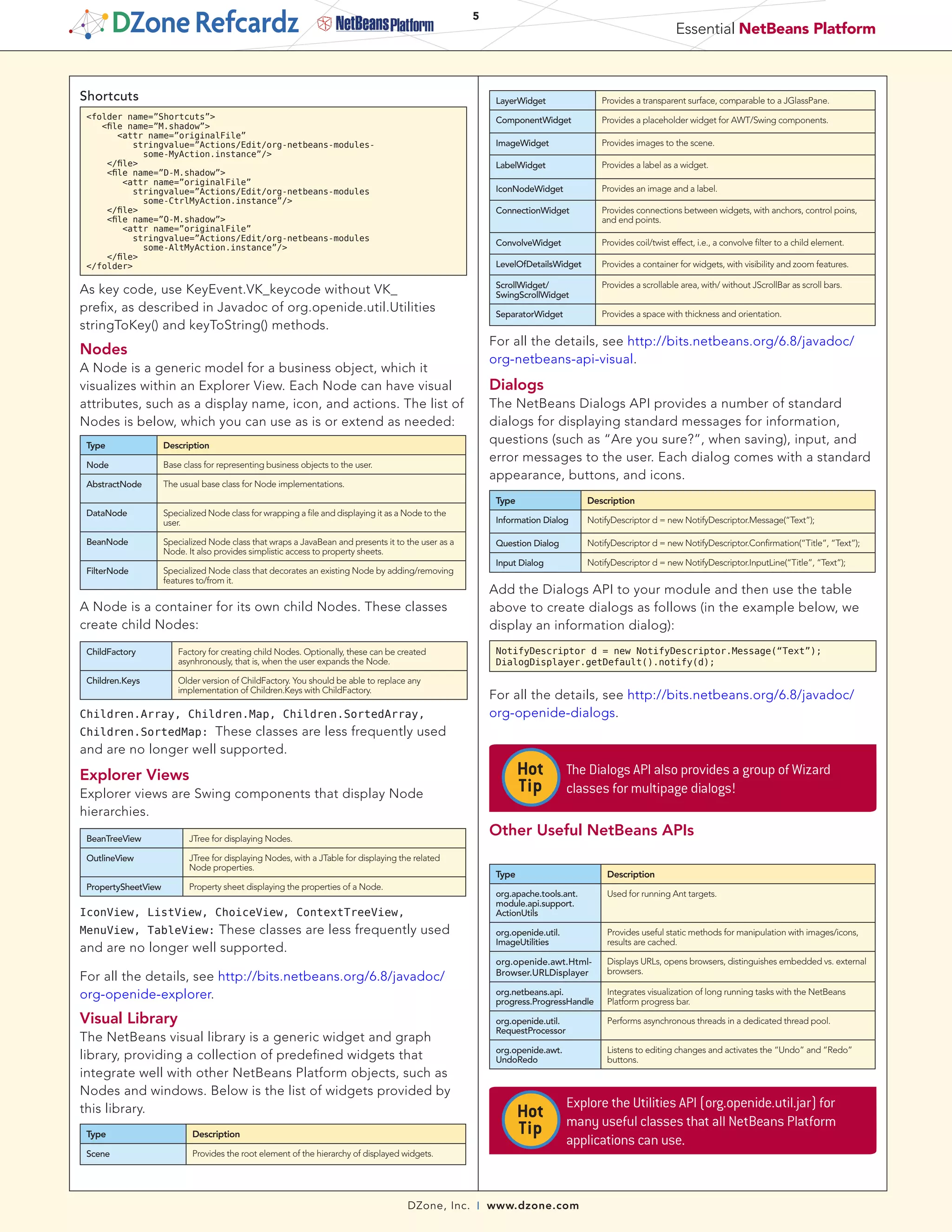 5
                                                                                                                                                          Essential NetBeans Platform



Shortcuts                                                                                                 LayerWidget                Provides a transparent surface, comparable to a JGlassPane.
 <folder name=”Shortcuts”>                                                                                ComponentWidget            Provides a placeholder widget for AWT/Swing components.
    <file name=”M.shadow”>
        <attr name=”originalFile”
           stringvalue=”Actions/Edit/org-netbeans-modules-                                                ImageWidget                Provides images to the scene.
             some-MyAction.instance”/>
     </file>                                                                                              LabelWidget                Provides a label as a widget.
     <file name=”D-M.shadow”>
         <attr name=”originalFile”
           stringvalue=”Actions/Edit/org-netbeans-modules                                                 IconNodeWidget             Provides an image and a label.
             some-CtrlMyAction.instance”/>
     </file>                                                                                              ConnectionWidget           Provides connections between widgets, with anchors, control poins,
     <file name=”O-M.shadow”>                                                                                                        and end points.
         <attr name=”originalFile”
           stringvalue=”Actions/Edit/org-netbeans-modules
                                                                                                          ConvolveWidget             Provides coil/twist effect, i.e., a convolve filter to a child element.
             some-AltMyAction.instance”/>
     </file>
 </folder>                                                                                                LevelOfDetailsWidget       Provides a container for widgets, with visibility and zoom features.

                                                                                                          ScrollWidget/              Provides a scrollable area, with/ without JScrollBar as scroll bars.
As key code, use KeyEvent.VK_keycode without VK_                                                          SwingScrollWidget
prefix, as described in Javadoc of org.openide.util.Utilities                                             SeparatorWidget            Provides a space with thickness and orientation.
stringToKey() and keyToString() methods.
                                                                                                         For all the details, see http://bits.netbeans.org/6.8/javadoc/
Nodes
                                                                                                         org-netbeans-api-visual.
A Node is a generic model for a business object, which it
visualizes within an Explorer View. Each Node can have visual                                            Dialogs
attributes, such as a display name, icon, and actions. The list of                                       The NetBeans Dialogs API provides a number of standard
Nodes is below, which you can use as is or extend as needed:                                             dialogs for displaying standard messages for information,
 Type                Description
                                                                                                         questions (such as “Are you sure?”, when saving), input, and
 Node                Base class for representing business objects to the user.
                                                                                                         error messages to the user. Each dialog comes with a standard
                                                                                                         appearance, buttons, and icons.
 AbstractNode        The usual base class for Node implementations.
                                                                                                          Type                    Description
 DataNode            Specialized Node class for wrapping a file and displaying it as a Node to the
                     user.                                                                                Information Dialog      NotifyDescriptor d = new NotifyDescriptor.Message(“Text”);

 BeanNode            Specialized Node class that wraps a JavaBean and presents it to the user as a        Question Dialog         NotifyDescriptor d = new NotifyDescriptor.Confirmation(“Title”, “Text”);
                     Node. It also provides simplistic access to property sheets.
                                                                                                          Input Dialog            NotifyDescriptor d = new NotifyDescriptor.InputLine(“Title”, “Text”);
 FilterNode          Specialized Node class that decorates an existing Node by adding/removing
                     features to/from it.
                                                                                                         Add the Dialogs API to your module and then use the table
A Node is a container for its own child Nodes. These classes                                             above to create dialogs as follows (in the example below, we
create child Nodes:                                                                                      display an information dialog):
 ChildFactory            Factory for creating child Nodes. Optionally, these can be created               NotifyDescriptor d = new NotifyDescriptor.Message(“Text”);
                         asynhronously, that is, when the user expands the Node.                          DialogDisplayer.getDefault().notify(d);
 Children.Keys           Older version of ChildFactory. You should be able to replace any
                         implementation of Children.Keys with ChildFactory.
                                                                                                         For all the details, see http://bits.netbeans.org/6.8/javadoc/
Children.Array, Children.Map, Children.SortedArray,                                                      org-openide-dialogs.
Children.SortedMap:   These classes are less frequently used
and are no longer well supported.

Explorer Views                                                                                                   Hot          The Dialogs API also provides a group of Wizard
Explorer views are Swing components that display Node                                                            Tip          classes for multipage dialogs!
hierarchies.
 BeanTreeView               JTree for displaying Nodes.
                                                                                                         Other Useful NetBeans APIs
 OutlineView                JTree for displaying Nodes, with a JTable for displaying the related
                            Node properties.
                                                                                                          Type                         Description
 PropertySheetView          Property sheet displaying the properties of a Node.
                                                                                                          org.apache.tools.ant.        Used for running Ant targets.
                                                                                                          module.api.support.
IconView, ListView, ChoiceView, ContextTreeView,                                                          ActionUtils
MenuView, TableView:   These classes are less frequently used                                             org.openide.util.            Provides useful static methods for manipulation with images/icons,
                                                                                                          ImageUtilities               results are cached.
and are no longer well supported.
                                                                                                          org.openide.awt.Html-        Displays URLs, opens browsers, distinguishes embedded vs. external
                                                                                                          Browser.URLDisplayer         browsers.
For all the details, see http://bits.netbeans.org/6.8/javadoc/
org-openide-explorer.                                                                                     org.netbeans.api.
                                                                                                          progress.ProgressHandle
                                                                                                                                       Integrates visualization of long running tasks with the NetBeans
                                                                                                                                       Platform progress bar.

Visual Library                                                                                            org.openide.util.            Performs asynchronous threads in a dedicated thread pool.
                                                                                                          RequestProcessor
The NetBeans visual library is a generic widget and graph
                                                                                                          org.openide.awt.             Listens to editing changes and activates the “Undo” and “Redo”
library, providing a collection of predefined widgets that                                                UndoRedo                     buttons.
integrate well with other NetBeans Platform objects, such as
Nodes and windows. Below is the list of widgets provided by
                                                                                                                              Explore the Utilities API (org.openide.util.jar) for
this library.                                                                                                    Hot          many useful classes that all NetBeans Platform
 Type                       Description                                                                          Tip
                                                                                                                              applications can use.
 Scene                      Provides the root element of the hierarchy of displayed widgets.




                                                                                       DZone, Inc.   |   www.dzone.com
 