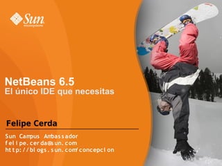 NetBeans 6.5
El único IDE que necesitas


Felipe Cerda
Sun Cam     pus Am   bas s ador
f el i pe. cer da@s un. com
ht t p: / / bl ogs . s un. com concepci on
                              /
 