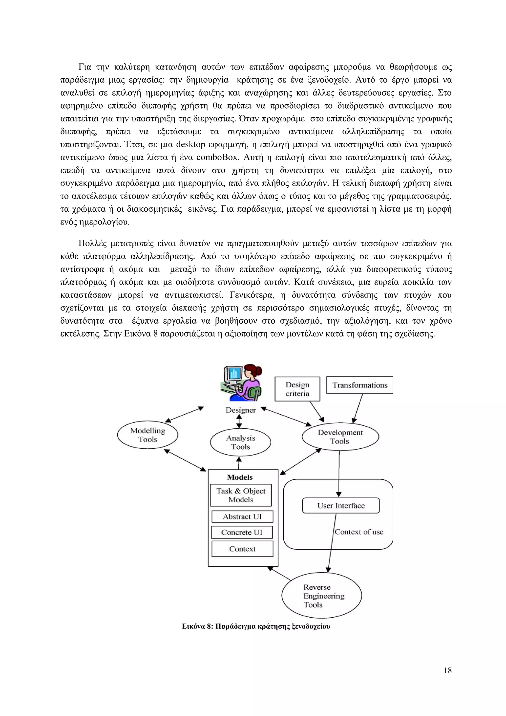 18
Γηα ηελ θαιύηεξε θαηαλόεζε απηώλ ησλ επηπέδσλ αθαίξεζεο κπνξνύκε λα ζεσξήζνπκε σο
παξάδεηγκα κηαο εξγαζίαο: ηελ δεκηνπξγία θξάηεζεο ζε έλα μελνδνρείν. Απηό ην έξγν κπνξεί λα
αλαιπζεί ζε επηινγή εκεξνκελίαο άθημεο θαη αλαρώξεζεο θαη άιιεο δεπηεξεύνπζεο εξγαζίεο. Σην
αθεξεκέλν επίπεδν δηεπαθήο ρξήζηε ζα πξέπεη λα πξνζδηνξίζεη ην δηαδξαζηηθό αληηθείκελν πνπ
απαηηείηαη γηα ηελ ππνζηήξημε ηεο δηεξγαζίαο. Όηαλ πξνρσξάκε ζην επίπεδν ζπγθεθξηκέλεο γξαθηθήο
δηεπαθήο, πξέπεη λα εμεηάζνπκε ηα ζπγθεθξηκέλν αληηθείκελα αιιειεπίδξαζεο ηα νπνία
ππνζηεξίδνληαη. Έηζη, ζε κηα desktop εθαξκνγή, ε επηινγή κπνξεί λα ππνζηεξηρζεί από έλα γξαθηθό
αληηθείκελν όπσο κηα ιίζηα ή έλα comboBox. Απηή ε επηινγή είλαη πην απνηειεζκαηηθή από άιιεο,
επεηδή ηα αληηθείκελα απηά δίλνπλ ζην ρξήζηε ηε δπλαηόηεηα λα επηιέμεη κία επηινγή, ζην
ζπγθεθξηκέλν παξάδεηγκα κηα εκεξνκελία, από έλα πιήζνο επηινγώλ. Η ηειηθή δηεπαθή ρξήζηε είλαη
ην απνηέιεζκα ηέηνησλ επηινγώλ θαζώο θαη άιισλ όπσο ν ηύπνο θαη ην κέγεζνο ηεο γξακκαηνζεηξάο,
ηα ρξώκαηα ή νη δηαθνζκεηηθέο εηθόλεο. Γηα παξάδεηγκα, κπνξεί λα εκθαληζηεί ε ιίζηα κε ηε κνξθή
ελόο εκεξνινγίνπ.
Πνιιέο κεηαηξνπέο είλαη δπλαηόλ λα πξαγκαηνπνηεζνύλ κεηαμύ απηώλ ηεζζάξσλ επίπεδσλ γηα
θάζε πιαηθόξκα αιιειεπίδξαζεο. Από ην πςειόηεξν επίπεδν αθαίξεζεο ζε πην ζπγθεθξηκέλν ή
αληίζηξνθα ή αθόκα θαη κεηαμύ ην ίδησλ επίπεδσλ αθαίξεζεο, αιιά γηα δηαθνξεηηθνύο ηύπνπο
πιαηθόξκαο ή αθόκα θαη κε νηνδήπνηε ζπλδπαζκό απηώλ. Καηά ζπλέπεηα, κηα επξεία πνηθηιία ησλ
θαηαζηάζεσλ κπνξεί λα αληηκεησπηζηεί. Γεληθόηεξα, ε δπλαηόηεηα ζύλδεζεο ησλ πηπρώλ πνπ
ζρεηίδνληαη κε ηα ζηνηρεία δηεπαθήο ρξήζηε ζε πεξηζζόηεξν ζεκαζηνινγηθέο πηπρέο, δίλνληαο ηε
δπλαηόηεηα ζηα έμππλα εξγαιεία λα βνεζήζνπλ ζην ζρεδηαζκό, ηελ αμηνιόγεζε, θαη ηνλ ρξόλν
εθηέιεζεο. Σηελ Δηθόλα 8 παξνπζηάδεηαη ε αμηνπνίεζε ησλ κνληέισλ θαηά ηε θάζε ηεο ζρεδίαζεο.
Δικόνα 8: Παπάδειγμα κπάηηζηρ ξενοδοσείος
 