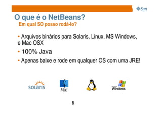 O que é o NetBeans?
 Em qual SO posso rodá-lo?

• Arquivos binários para Solaris, Linux, MS Windows,
e Mac OSX
• 100% Java
• Apenas baixe e rode em qualquer OS com uma JRE!




                       8
 