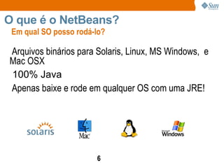 Arquivos binários para Solaris, Linux, MS Windows,  e Mac OSX 100% Java Apenas baixe e rode em qualquer OS com uma JRE! Em qual SO posso rodá-lo? O que é o NetBeans?  