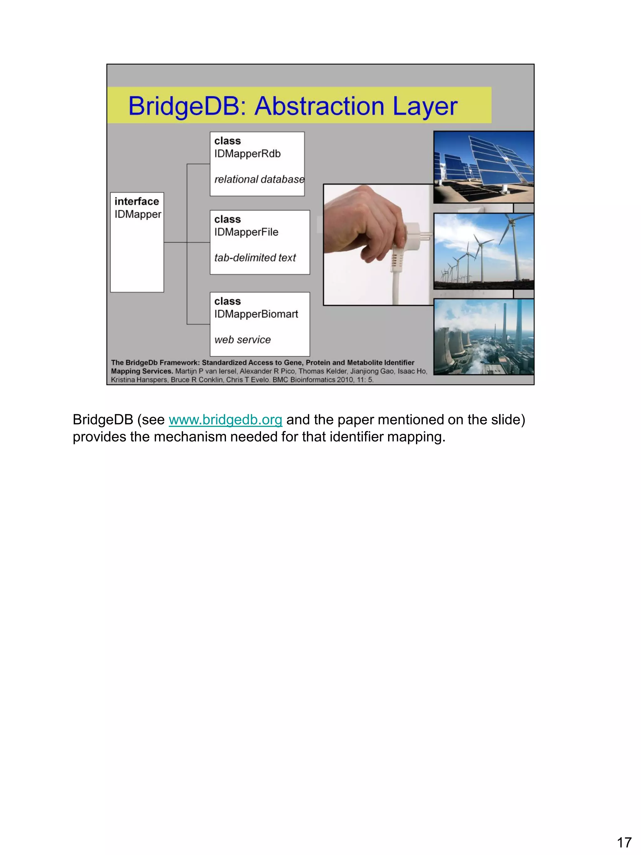 BridgeDB (see www.bridgedb.org and the paper mentioned on the slide)
provides the mechanism needed for that identifier mapping.




                                                                       17
 