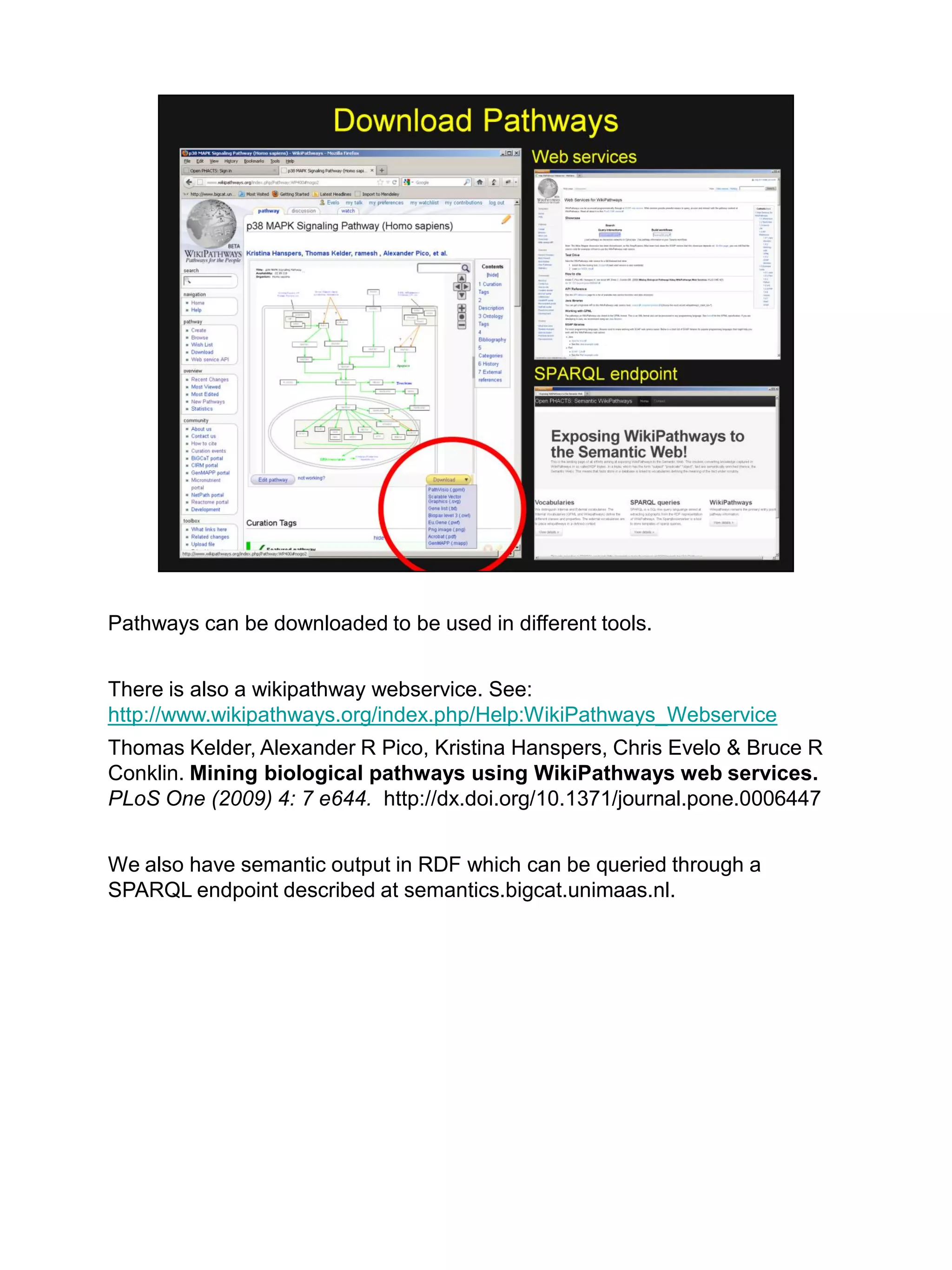 Pathways can be downloaded to be used in different tools.


There is also a wikipathway webservice. See:
http://www.wikipathways.org/index.php/Help:WikiPathways_Webservice
Thomas Kelder, Alexander R Pico, Kristina Hanspers, Chris Evelo & Bruce R
Conklin. Mining biological pathways using WikiPathways web services.
PLoS One (2009) 4: 7 e644. http://dx.doi.org/10.1371/journal.pone.0006447


We also have semantic output in RDF which can be queried through a
SPARQL endpoint described at semantics.bigcat.unimaas.nl.
 