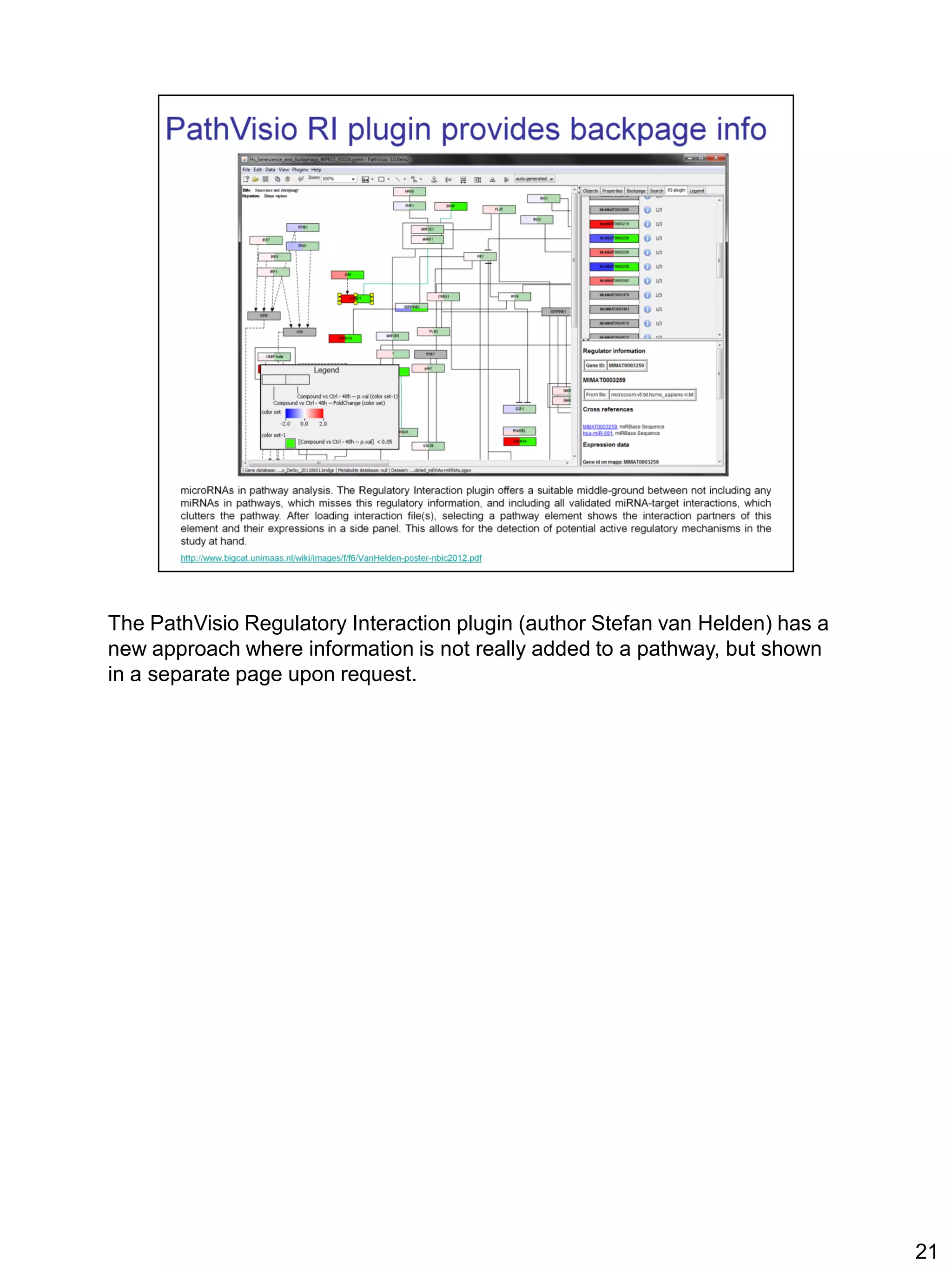 The PathVisio Regulatory Interaction plugin (author Stefan van Helden) has a
new approach where information is not really added to a pathway, but shown
in a separate page upon request.




                                                                               21
 
