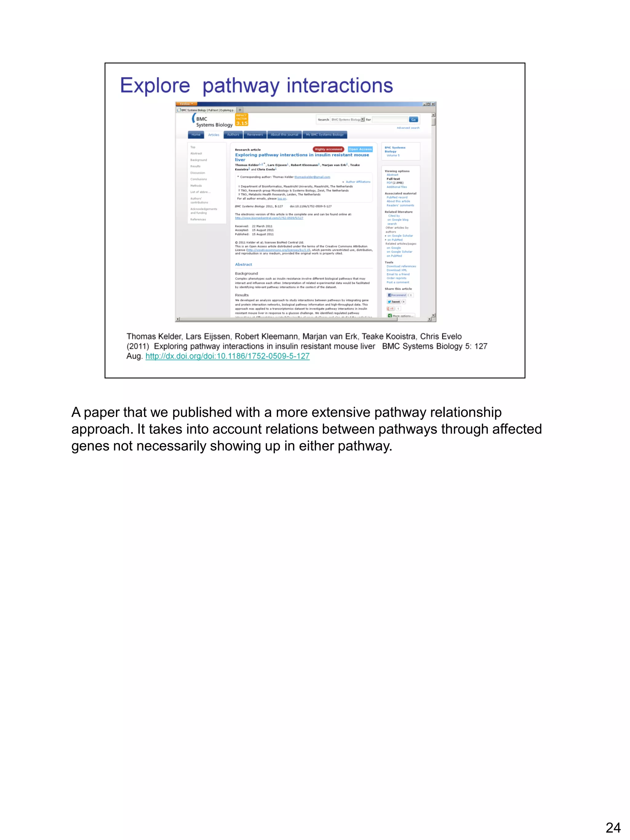 A paper that we published with a more extensive pathway relationship
approach. It takes into account relations between pathways through affected
genes not necessarily showing up in either pathway.




                                                                              24
 