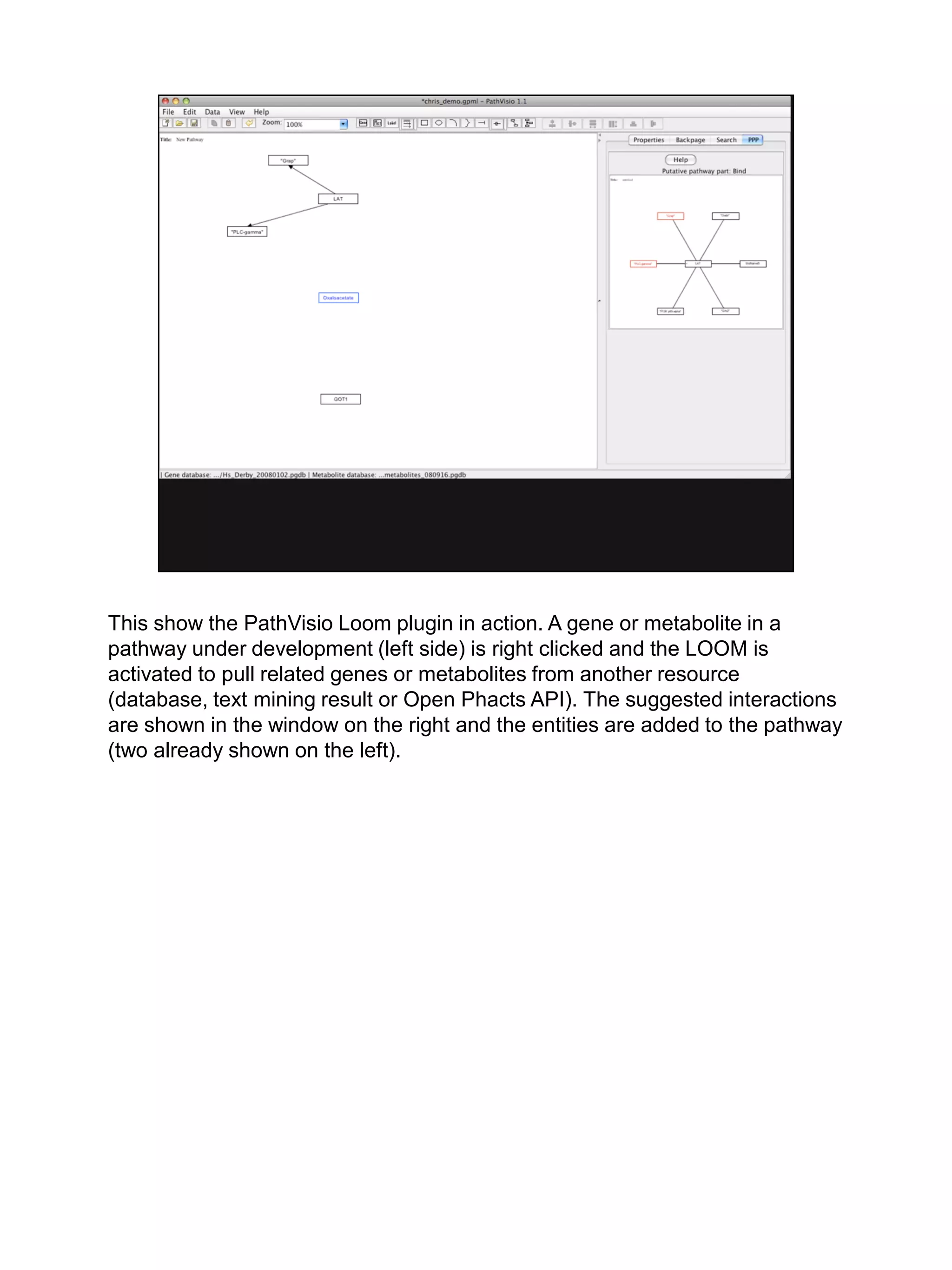 This show the PathVisio Loom plugin in action. A gene or metabolite in a
pathway under development (left side) is right clicked and the LOOM is
activated to pull related genes or metabolites from another resource
(database, text mining result or Open Phacts API). The suggested interactions
are shown in the window on the right and the entities are added to the pathway
(two already shown on the left).
 