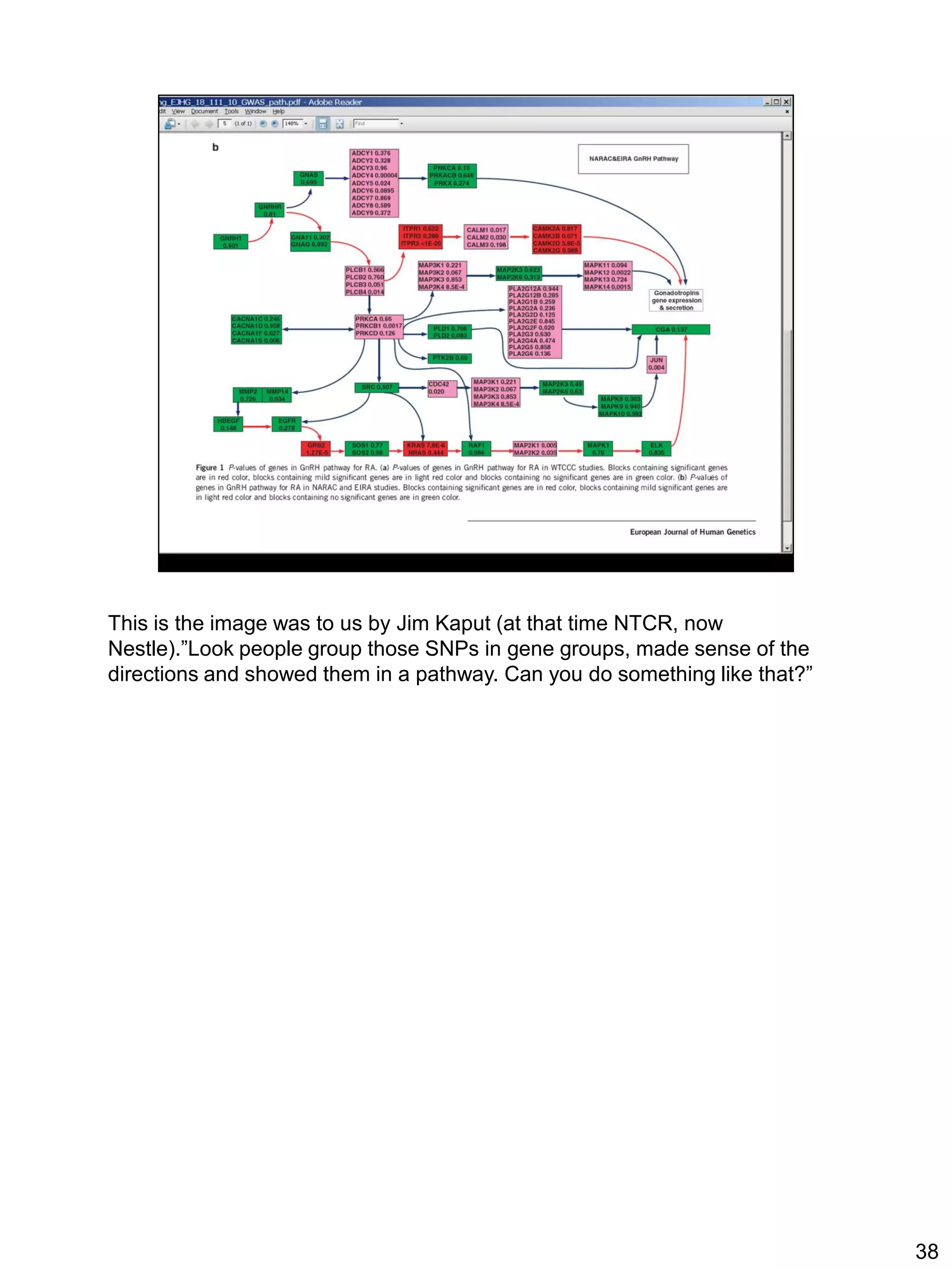 This is the image was to us by Jim Kaput (at that time NTCR, now
Nestle).”Look people group those SNPs in gene groups, made sense of the
directions and showed them in a pathway. Can you do something like that?”




                                                                            38
 