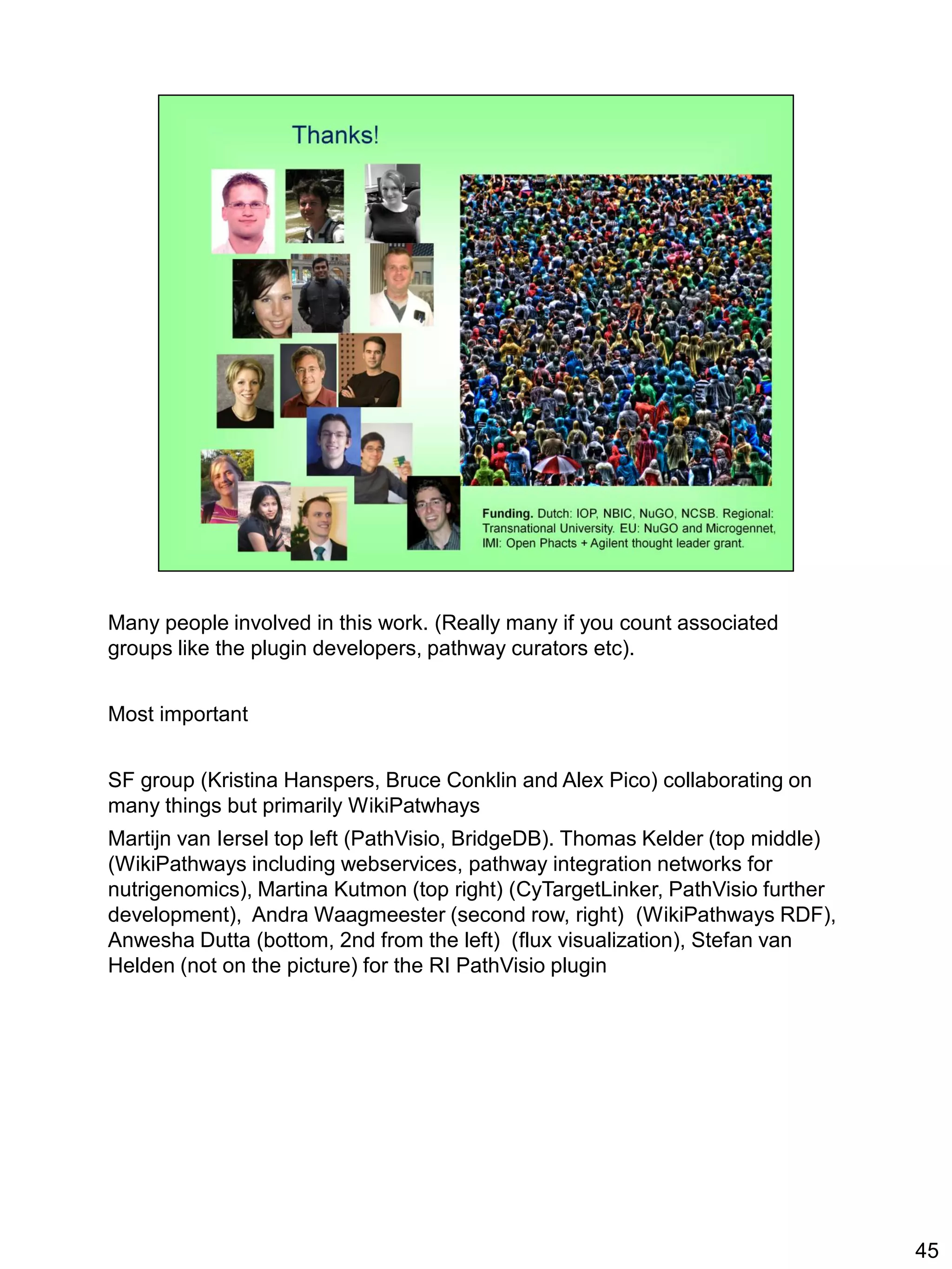 Many people involved in this work. (Really many if you count associated
groups like the plugin developers, pathway curators etc).


Most important


SF group (Kristina Hanspers, Bruce Conklin and Alex Pico) collaborating on
many things but primarily WikiPatwhays
Martijn van Iersel top left (PathVisio, BridgeDB). Thomas Kelder (top middle)
(WikiPathways including webservices, pathway integration networks for
nutrigenomics), Martina Kutmon (top right) (CyTargetLinker, PathVisio further
development), Andra Waagmeester (second row, right) (WikiPathways RDF),
Anwesha Dutta (bottom, 2nd from the left) (flux visualization), Stefan van
Helden (not on the picture) for the RI PathVisio plugin




                                                                                45
 