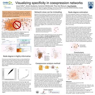 Visualizing specificity in coexpression networks
                                 Jesse Gillis*, Anton Zoubarev, Cameron McDonald, Thea Van Rossum, Paul Pavlidis
                                 Department of Psychiatry and Centre for High-throughput Biology, University of British Columbia, British Columbia, Canada
                                 *Current address: Stanley Institute for Cognitive Genomics, Cold Spring Harbor Laboratory, Woodbury, New York, USA


  Networks diagrams are frequently derided as “hairballs”,                                                   Network views can be misleading                                                  Node degree estimation
  suffering from poor interpretability. Here we describe an
                                                                                                             Because of the limitations of network visualization tools, and the        The current approach is based on counting how many
  attempt to improve the situation with an idea inspired by                                                  difficult of interpreting large graphs Gemma, like other tools that       coexpression pairs (“links”) the gene is involved in, across all
  function prediction considerations.                                                                        use network visualization, limits the size of the network that can        experiments, with the constraint that the edge must occur in
                                                                                                             be displayed. This makes it easy to forget that the data being            at least two experiments. This corresponds to the data that is
                                                                                                             visualized is part of a vastly larger network. This necessary             stored during the analysis phase. This value is then re-
                                                                                                             reduction may give the false impression that the portion of the           expressed as a relative rank for the genes of that organism.
                                                                                                             network being visualized is somehow representing information              Thus the gene with the largest number of coexpression
                                                                                                             specific to the genes shown. As the above discussion of node              partners has a score of 1.0, and that with the lowest 0.0
                                                                                                             degree biases suggests, this is potentially a very misleading             (there can be ties).
                                                                                                             assumption.
                                                                                                                                                                                       This method has the benefit of simplicity, and it is intuitive
                                                                                                                This coexpression-derived network might be considered
                                                                                                                highly suggestive of functional relations between Ankyrin 2            because it is tied directly to the data users will be able to
                                                                                                                and Synaptotagmin 4, but these genes are embedded in a                 access in the system. However, users should be aware that
                                                                                                                much larger network. Edge thickness indicates the level of
                                                                                                                support (thicker means more experiments exhibit this link).            the measure is potentially sensitive to sources of variance
The context for our study is coexpression network analysis and                                                  Nodes with red circles were initial query genes.
                                                                                                                                                                                       that are not biological in nature, most importantly the
visualization of interaction specificity using Gemma                                                                                                                                   number of data sets in which the gene is tested. Genes which
(http://chibi.ubc.ca/Gemma). Gemma is a database and analysis                                                To combat this problem within Gemma we use the rank statistics            are tested more often will tend to have more links. A more
software system with analyzed data from over 4000 expression                                                 of gene node degrees to visually up-weight genes by their                 complex measure that takes that source of variance into
profiling studies (Zoubarev et al., 2012)                                                                    interaction specificity in the full network (effectively down-            account is correlated with the simpler measure (Spearman
                                                                                                             weighting by the prior probability of the interaction occurring           rho=~0.7), but not as readily understandable. In addition, the
                                                                                                             generically, as determined from the node degrees). Importantly,           fact that a gene has a high node degree whether it is due to
                                                                                                             the network sparsification is accomplished without any use of             frequent testing or not is still of interpretational significance.
                                                                                                             functional information or additional network data. Variations on
                                                                                                             this approach are not uncommon in function prediction
                                                                                                             algorithms, but to our knowledge, have not been implemented to                                                   Another example,
                                                                                                                                                                                                                              the coexpression
                                                                                                             customize visualization in gene network analyses.
                                                                                                                                                                                                                              network for CBWD5.




                                                                                                                                                                                                                  Conclusions
                                                                                                                                                                                        We suggest that the approach outlined here is a way to
                                                                                                                                                                                        improve the utility of network views by minimizing the
   Node degree is highly informative                                                                                                           Nodes are shaded
                                                                                                                                               inversely to their node
                                                                                                                                               degree in the full
                                                                                                                                                                                        impact of “non-specific” interactions. It is easy to implement
                                                                                                                                               network, not just the                    because node degrees can be computed ahead of time and
                                                                                                                                               visualized fragment.
Previously we showed that gene function can be predicted from                                                                                  The query was mouse                      network visualization tools (e.g. Cytoscape Web, as used
networks without using interactions directly (Gillis and Pavlidis,                                                                             semaphorin genes
                                                                                                                                                                                        here) have support for modifying node color. There are likely
2011). We observed that ranking genes by their node degrees                                                                                                                             to be many ways to improve on our scheme. For example,
results in surprisingly good “guilt-by-association” performance;
about one-half of performance could be attributed entirely to node
                                                                                                                Coexpression analysis method                                            we have not yet attempted to “optimize” our mapping
                                                                                                                                                                                        between node degree and “visibility”.
degree effects.
                                     Increasing number of neighbours




                                                                                         “hubs”




                                                                                                             The method was previously described by Lee et al. (2004). For
                                                                                                             each data set, pairs of probes showing a statistically significant
                                                                                                             Pearson correlation are identified using stringent multiple test
                                                                                                             correction criteria and stored. No more than 1% of the
                                                                                                             correlations for any data set were stored in any case. The stored
                                                                       Increasing number of GO annotations   “links” are available for queries by end-users. The number of data
 Node degree is predictive because genes that have high node                                                 sets in which a link is observed is referred to as the support. In        References
 degree tend to have many functions (e.g. GO terms). Thus for any                                            general, only links that occur in at least two data sets are              Visualizations were built using Cytoscape Web
                                                                                                                                                                                       (http://cytoscapeweb.cytoscape.org/)
 given prediction task, algorithms that assign any given function to                                         retrieved, though the choice of data sets to be searched can be
                                                                                                                                                                                       Zouberev A., Hamer K.M., Keshav K., McCarthy E.L.M., Santos J.R.C., Van
 high node-degree genes appear to perform well without using                                                 changed by the user. The idea is that the more data sets which            Rossum T., McDonald C., Hall A., Wan X., Lim R., Gillis J., Pavlidis P. (2012)
 information on which genes are associated with which. More                                                  support a link, the less likely the link is due to technical artifacts.   Gemma: A resource for the re-use, sharing and meta-analysis of
 concretely, when studying any biological process, simply assuming                                                                                                                     expression profiling data. Bioinformatics, in press.
 P53 (for example) is implicated will go a surprisingly long way, and                                                                       Grant support                              Lee, H.K., et al., (2004) Coexpression analysis of human genes across
 networks encode this completely generic information in their node                                                                                                                     many microarray data sets. Genome Research 14: p. 1085-1094.
 degree.                                                                                                                                                                               Gillis J., Pavlidis P (2011) “The impact of multifunctional genes on “guilt
                                                                                                                                                                                       by association” analysis.” PLoS ONE. 6(2):e17258.
 