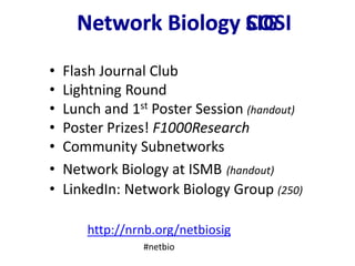 • Flash Journal Club
• Lightning Round
• Lunch and 1st Poster Session (handout)
• Poster Prizes! F1000Research
• Community Subnetworks
• Network Biology at ISMB (handout)
• LinkedIn: Network Biology Group (250)
Network Biology SIG
http://nrnb.org/netbiosig
#netbio
Network Biology COSI
 