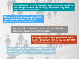 Copyright © 2014 Netbiscuits
Marketing 101: Understand your customers, identify
segments, deliver targeted messages…
Keeping your customers’ preferences at the
heart of campaigns will be a key trend in 2014
Anthony Wilkey, Business2Community.com
A great digital experience is no longer a nice-to-
have, it’s a make-or-break point for your business
Forrester quoted in Forbes	
  
Marketers will start contextualizing their
data, drawing even richer insights
Melissa Parrish, Principal Analyst, Forrester
Data will be the driver for capturing more customers, up-selling
to existing customers and retaining them for the long term...
James Gagliardi, Innovation Insights
 