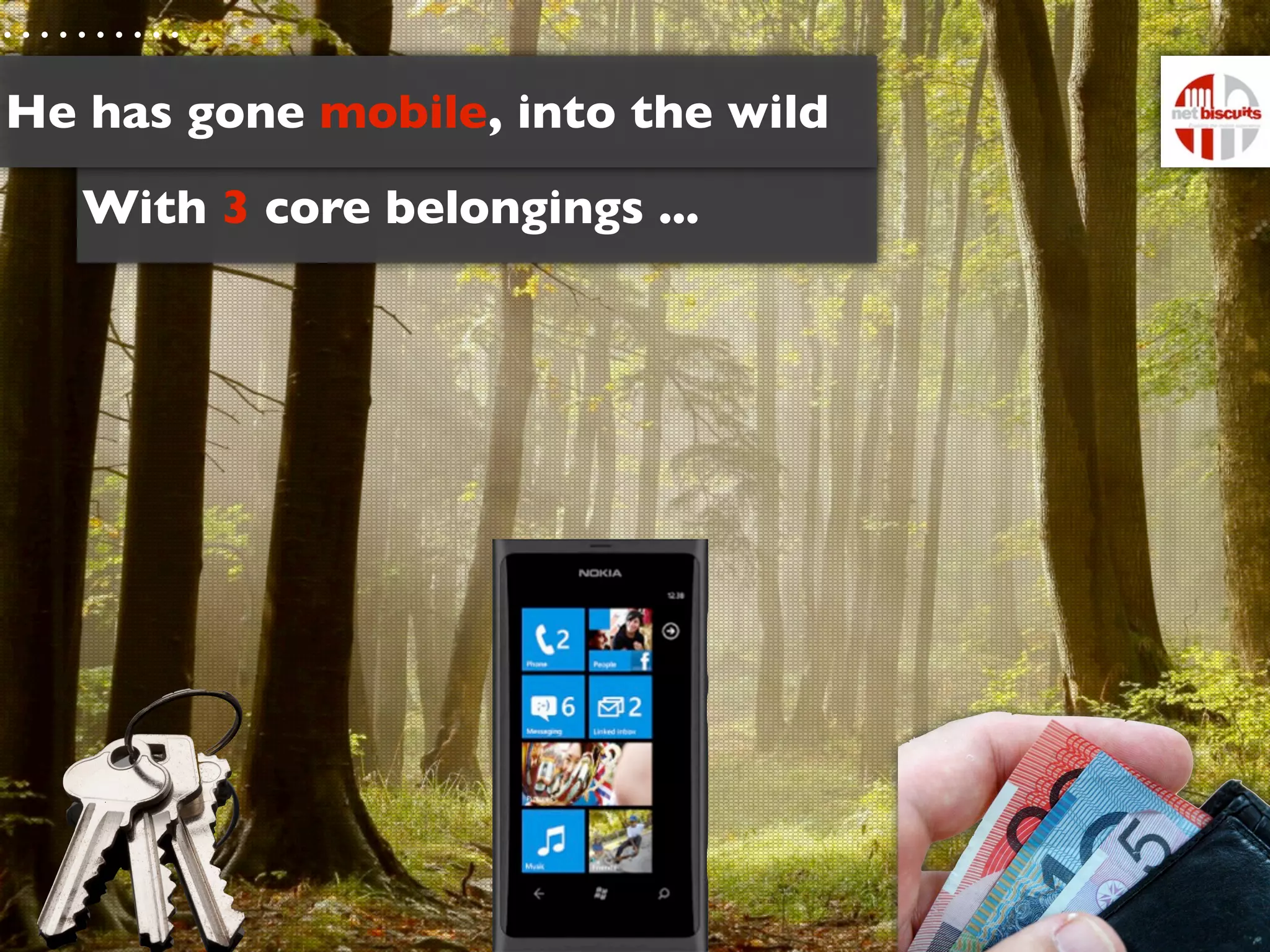 He has gone mobile, into the wild
   With 3 core belongings ...
 