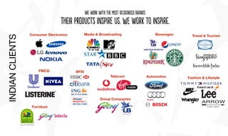 Consumer Electronics
FMCG BFSI
Media & Broadcasting
Telecom Fashion & Lifestyle
Beverages Travel & Tourism
Automotive
Furniture
Group Companies
We woRk wiTh thE mosT recOgnisEd brAnds
thEir pRoducTs inSpire Us. we work to iNspire.
INDIANCLIENTS
 