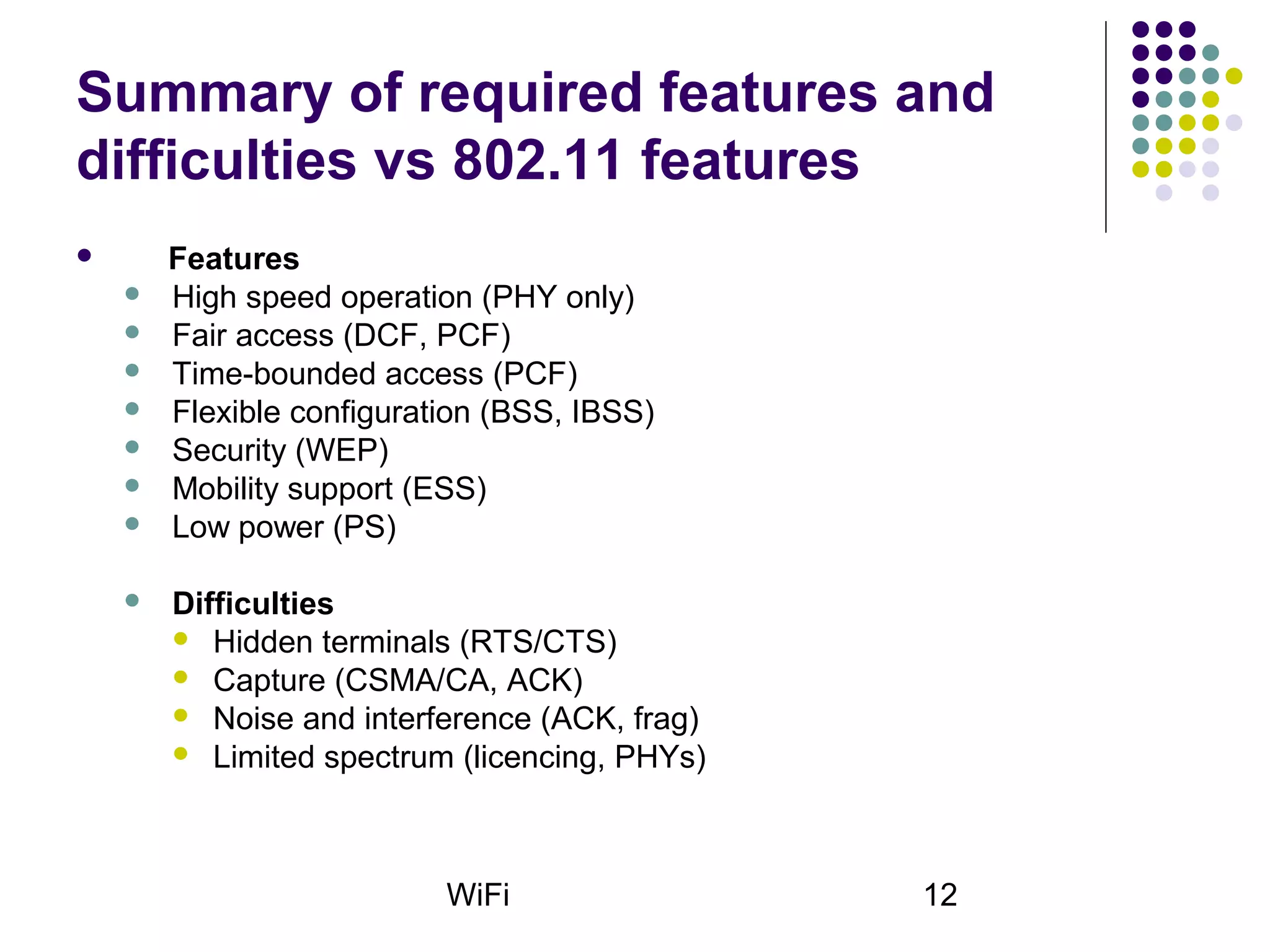 WiFi 12
Summary of required features and
difficulties vs 802.11 features
 Features
 High speed operation (PHY only)
 Fair access (DCF, PCF)
 Time-bounded access (PCF)
 Flexible configuration (BSS, IBSS)
 Security (WEP)
 Mobility support (ESS)
 Low power (PS)
 Difficulties
 Hidden terminals (RTS/CTS)
 Capture (CSMA/CA, ACK)
 Noise and interference (ACK, frag)
 Limited spectrum (licencing, PHYs)
 