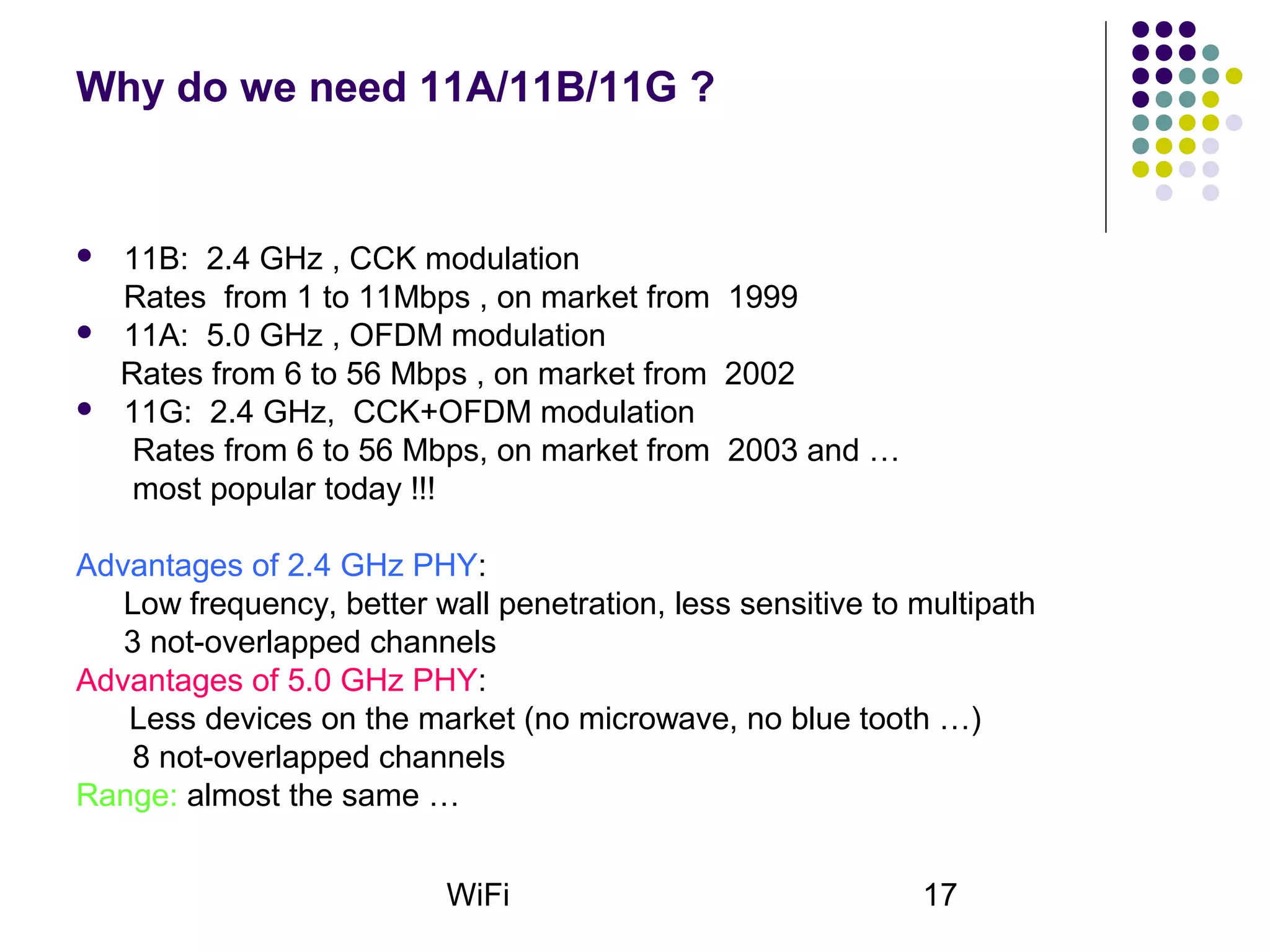 WiFi 17
Why do we need 11A/11B/11G ?
 11B: 2.4 GHz , CCK modulation
Rates from 1 to 11Mbps , on market from 1999
 11A: 5.0 GHz , OFDM modulation
Rates from 6 to 56 Mbps , on market from 2002
 11G: 2.4 GHz, CCK+OFDM modulation
Rates from 6 to 56 Mbps, on market from 2003 and …
most popular today !!!
Advantages of 2.4 GHz PHY:
Low frequency, better wall penetration, less sensitive to multipath
3 not-overlapped channels
Advantages of 5.0 GHz PHY:
Less devices on the market (no microwave, no blue tooth …)
8 not-overlapped channels
Range: almost the same …
 