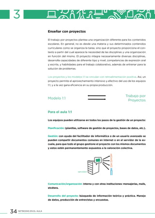 34 NETBOOKS EN EL AULA
Enseñar con proyectos
El trabajo por proyectos plantea una organización diferente para los contenidos
escolares. En general, no es desde una materia y sus determinados contenidos
curriculares como se organiza la tarea, sino que el proyecto proporciona el con-
texto a partir del cual aparece la necesidad de las disciplinas y una organización
en función del mismo. El proyecto integra necesariamente diversas disciplinas,
desarrolla capacidades de diferente tipo y nivel, competencias de expresión oral
y escrita, y habilidades para el trabajo colaborativo, además de entrenar para la
solución de problemas.
Los proyectos y los modelos 1:1 se vinculan con retroalimentación positiva. Así, un
proyecto permite el aprovechamiento intensivo y efectivo del uso de los equipos
1:1, y a la vez gana eficiencia en su propia producción.
3
Para el aula 1:1
Los equipos pueden utilizarse en todos los pasos de la gestión de un proyecto:
Planificación: (planillas, software de gestión de proyectos, bases de datos, etc.).
Gestión: con ayuda del facilitador de informática o de un usuario avanzado se
pueden compartir documentos comunes en internet o en el servidor de la es-
cuela, para que todo el grupo gestione el proyecto con los mismos documentos
y estos estén permanentemente expuestos a la valoración colectiva.
Comunicación/organización: interna y con otras instituciones: mensajerías, mails,
etcétera.
Desarrollo del proyecto: búsqueda de información teórica y práctica. Manejo
de datos, producción de entrevistas y encuestas.
Modelo 1:1
Trabajo por
Proyectos
servidor
 
