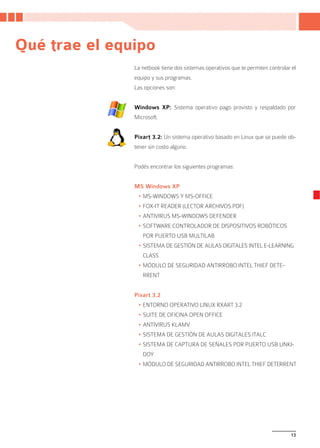 Qué trae el equipo
               La netbook tiene dos sistemas operativos que te permiten controlar el
               equipo y sus programas.
               Las opciones son:


               Windows XP: Sistema operativo pago provisto y respaldado por
               Microsoft.


               Pixart 3.2: Un sistema operativo basado en Linux que se puede ob-
               tener sin costo alguno.


               Podés encontrar los siguientes programas:


               MS Windows XP
                •	MS-WINDOWS Y MS-OFFICE
                •	FOX-IT READER (LECTOR ARCHIVOS.PDF)
                •	ANTIVIRUS MS-WINDOWS DEFENDER
                •	SOFTWARE CONTROLADOR DE DISPOSITIVOS ROBÓTICOS
                  POR PUERTO USB MULTILAB
                •	SISTEMA DE GESTIÓN DE AULAS DIGITALES INTEL E-LEARNING
                  CLASS
                •	MÓDULO DE SEGURIDAD ANTIRROBO INTEL THIEF DETE-
                  RRENT


               Pixart 3.2
                •	ENTORNO OPERATIVO LINUX RXART 3.2
                •	SUITE DE OFICINA OPEN OFFICE
                •	ANTIVIRUS KLAMV
                •	SISTEMA DE GESTIÓN DE AULAS DIGITALES ITALC
                •	SISTEMA DE CAPTURA DE SEÑALES POR PUERTO USB LINKI-
                  DOY
                •	MÓDULO DE SEGURIDAD ANTIRROBO INTEL THIEF DETERRENT




                                                                                 13
 