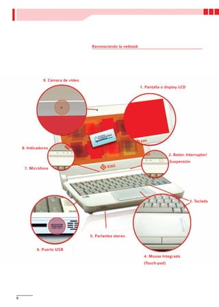 Reconociendo la netbook




               9. Cámara de video
                                                               1. Pantalla o display LCD




    8. Indicadores
                                                                               2. Botón: Interruptor/
                                                                               Suspensión
     7. Micrófono




                                                                                           3. Teclado




                                    5. Parlantes stereo


            6. Puerto USB
                                                                 4. Mouse Integrado
                                                                 (Touch-pad)




8
 
