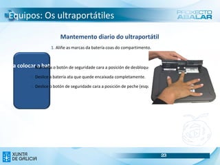 Equipos: Os ultraportátiles Parte esquerda do ultraportátil Conector VGA para monitor externo Porto USB 2.0 Conector para micrófono Saída de audio para auricilares / altofalantes externos Oco para o punteiro sinalador para pantalla Saída de audio para auricilares / altofalantes externos Orificio para Kit de seguridade e ranura para enganchar os cordeis do punteiro 