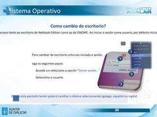 Equipos: Os ultraportátiles Utilización da pantalla táctil RECOMENDACIÓN : Non exerza demasiada forza sobre a pantalla, podería provocar danos A pantalla do ultraportátil dos alumnos funciona como un dispositivo táctil, polo que poderá operar pulsando directamente sobre os botóns, iconas ou opcións do menú en pantalla por medio do dispositivo sinalador (Stylus). 