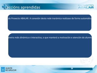 Conectividade dos equipos Límites identificados ADSL:  O  ancho de banda do ADSL non é suficiente , pois  divídese  entre tódolos  equipos   conectados  no centro e pódese comprometer a velocidade de conexión polo uso que se faga dos equipos (descarga masiva de arquivos, etc.) 