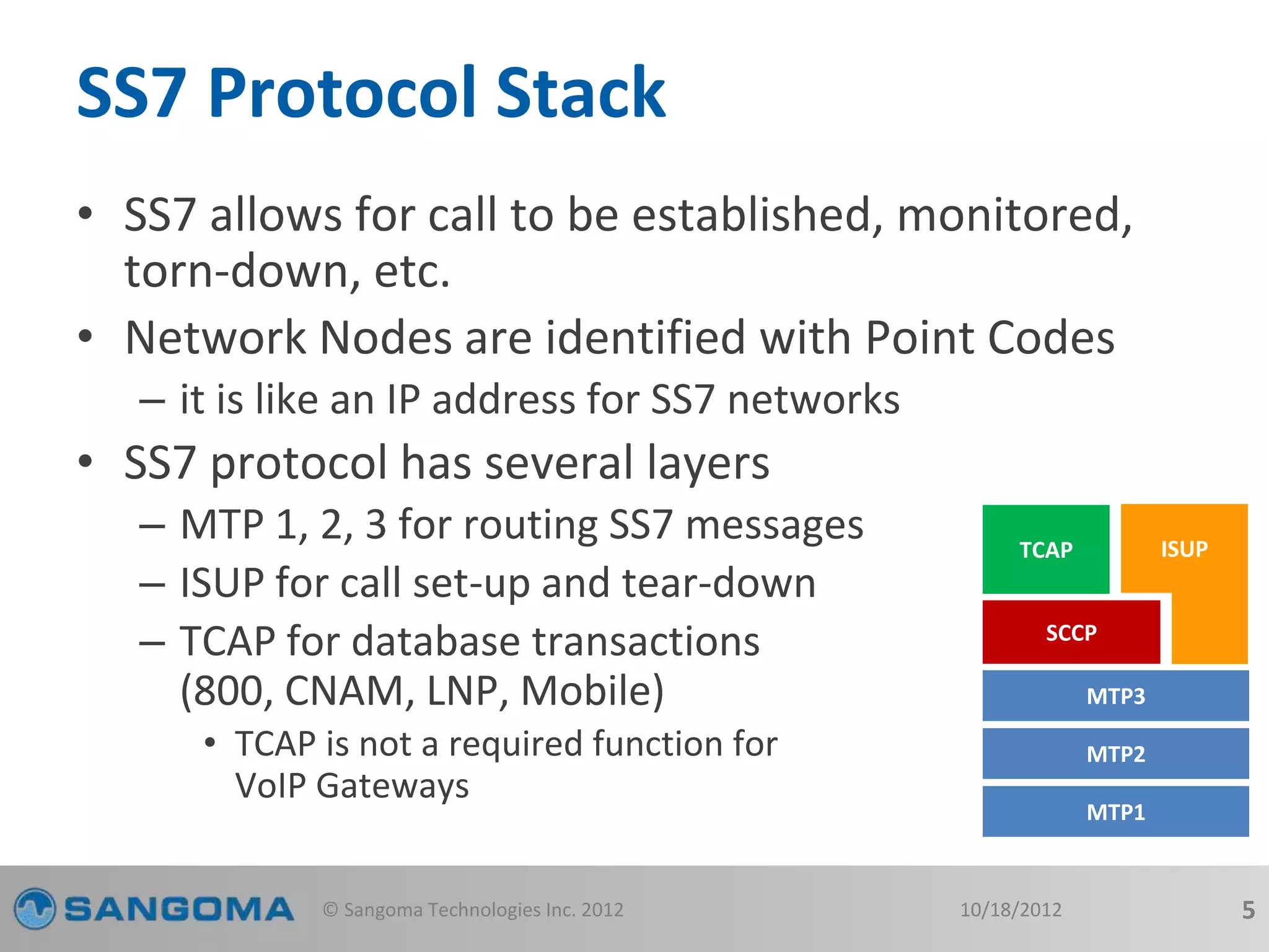 SS7 Protocol Stack 
• SS7 allows for call to be established, monitored, 
torn-down, etc. 
• Network Nodes are identified with Point Codes 
– it is like an IP address for SS7 networks 
• SS7 protocol has several layers 
– MTP 1, 2, 3 for routing SS7 messages 
– ISUP for call set-up and tear-down 
– TCAP for database transactions 
(800, CNAM, LNP, Mobile) 
• TCAP is not a required function for 
VoIP Gateways 
TCAP ISUP 
SCCP 
MTP3 
MTP2 
MTP1 
© Sangoma Technologies Inc. 2012 10/18/2012 5 
 